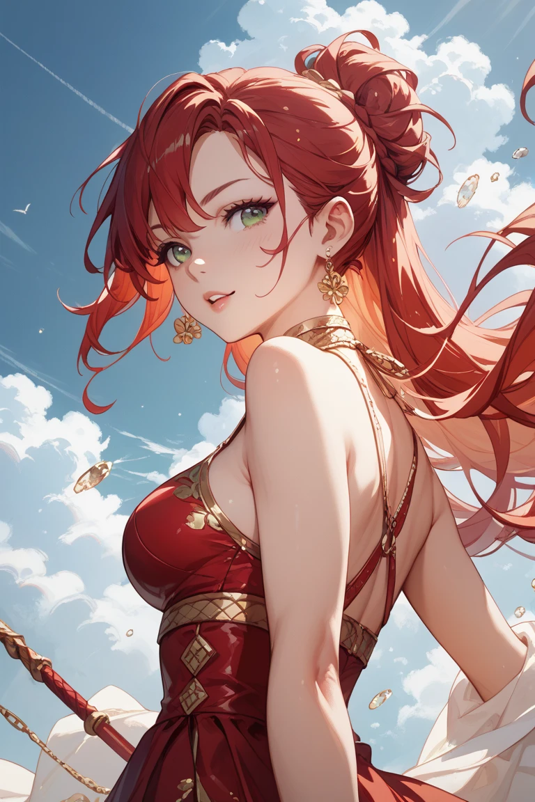 (best quality, masterpiece), portrait, 1 girl, solo, (red hair, long wavy), (emerald eyes), gold earrings, elegant necklace, (long party dress) (sunset background)