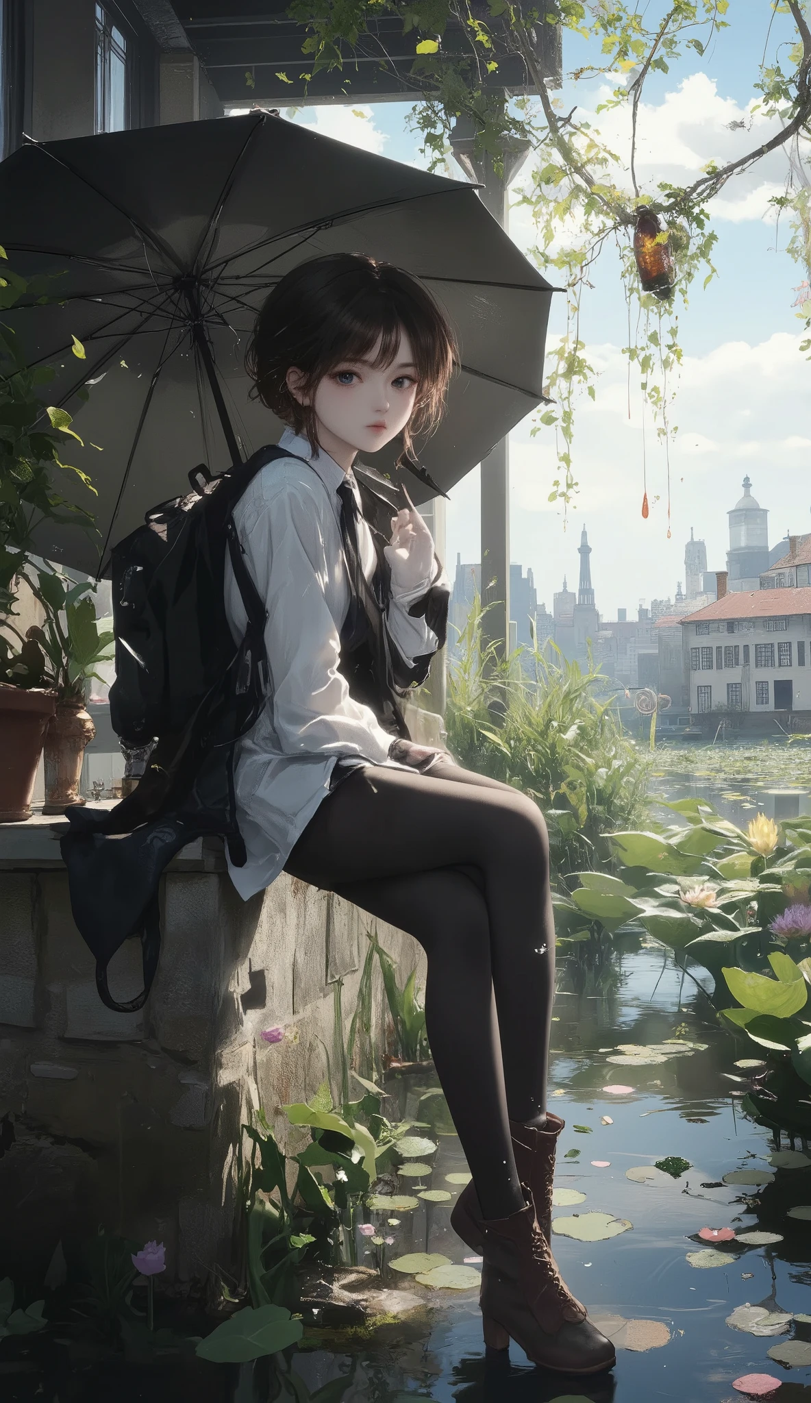 masterpiece, Best Quality, ultra resolution, a girl, perfect anatomy,is dripping from an umbrella hanging from a bottle、The port town with water lilies、Perfect harmony between Vermeer and Monet、light particles, fantastic, dramatic, dynamic, absurd, metaphysics