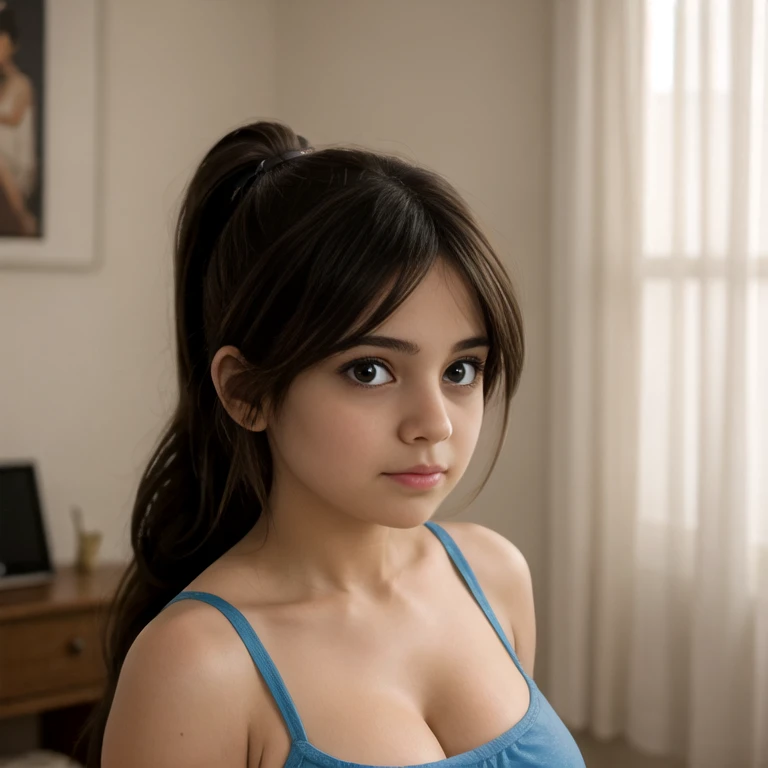 (Cum on lips)(cum) topless Asian brown maid kneeling down, short hair curvy maid in blue v neck tshirt silk panties making eye contact,breasts is exposed,  middle aged, 50 yrs old, v neck t shirt exposing big breast, pushing chest out, puffing up chest,  deep breath, close up, mouth slightly open, slightly wrinkly face,  slightly saggy breasts, oiled breasts