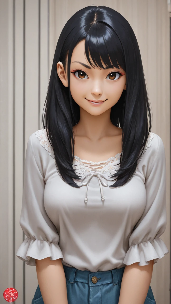 Amazing portrait of a sexy woman wearing her long straight luscious black hair, seductively gazing and smiling, soft lips, parted, blushing intensely, smiling, white t shirt, grey cardigan, baggy jeans, medium chest, perfect body