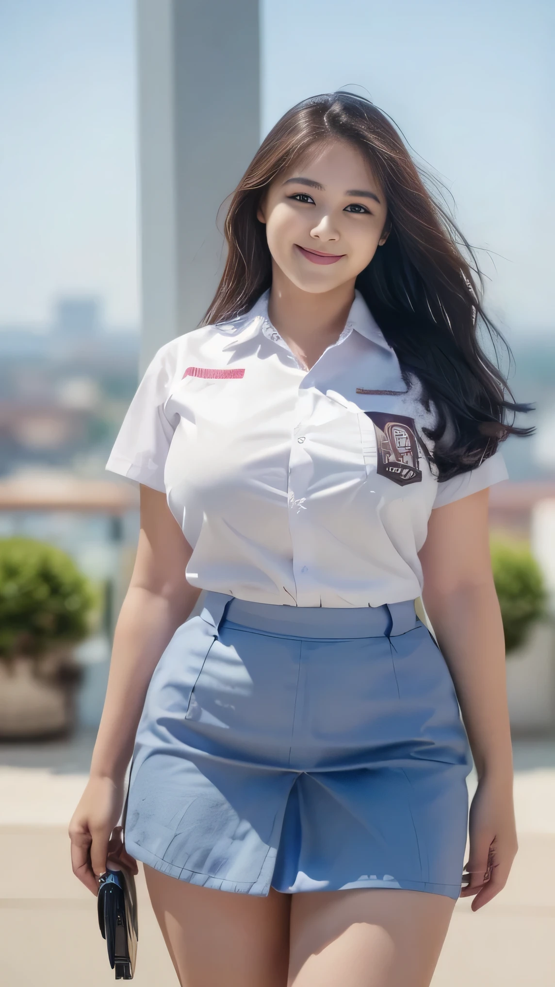1girl, solo, 19 years old, (uniform), detailed Metropolitan city at the background, portrait, thick breasts, semi-curvy body, smooth realistic skin, cute smile, white shirt, grey blue short skirt, looking at the audience, cowboy shot,(8k, RAW photo, best quality, masterpiece: 1.3), (realistic, realistic: 1.37), ultra-high resolution, cowboy shot