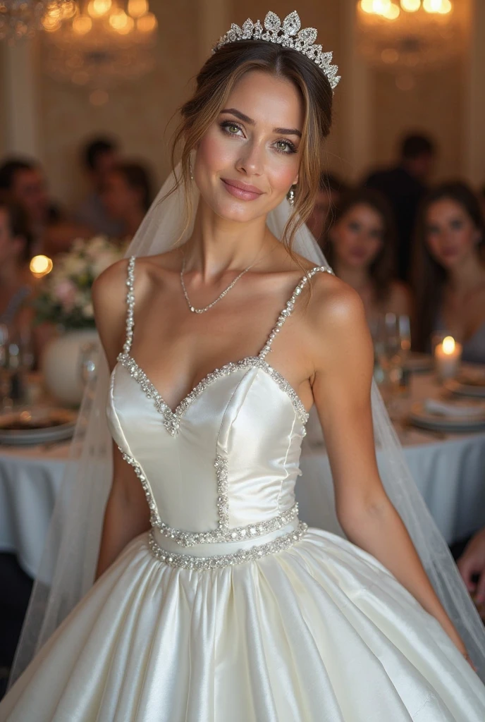 Realistic full body photo of a smiling brunette woman with hair up, She dances in front of the camera in a long A-line wedding dress with straps made of shiny satin., Park,glamour fotoshooting, Wedding celebration, perfect anatomy, perfect brown eyes. Perfect hands with 5 fingers on each hand, Matching girl, looking at the camera, 1 Frau. (Eye make up:1.1), (highly detailed skin:1.1), spirit, analog style, keen focus, 8K  UHD, dslr, good quality, Fujifilm XT3, Grain, Award-winning, ​masterpiece. Wedding celebration