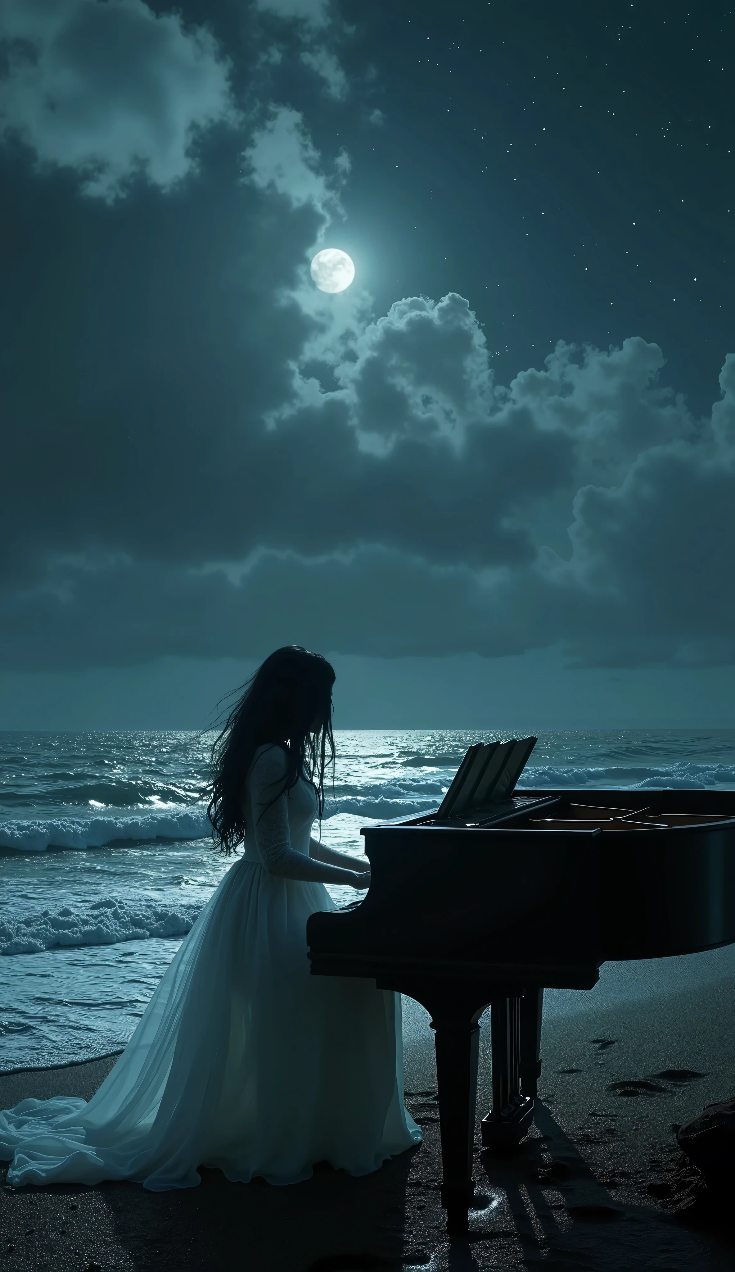 An hyper-realistic dark fantasy night scene viewed from the shoreline, depicting a vast, stormy sea with rolling waves under a deep, infinite sky. The darkness is profound, but faint silver stars pierce through the shadows, scattered in different intensities—some barely visible, others forming a subtle constellation. Wisps of clouds drift across the sky, uneven and layered, their edges tinged with the cold glow of the moon, which remains partially hidden behind them. A spectral haze lingers near the horizon, giving a sense of distance and scale.
In the foreground, a beautiful ghostly woman with long, flowing black hair plays a weathered grand piano.Her ethereal, semi-transparent white gown moves with an unnatural fluidity, as if caught in an unseen current.The lid is partially open, revealing dust-covered strings that seem to resonate with an unheard melody.
The scene is rich in chiaroscuro contrasts, with cinematic lighting. Ultra-detailed, the composition balances the immensity of the sky with the delicate presence of the ghostly dancer, creating a haunting yet mesmerizing vision of sorrow and mystery.*