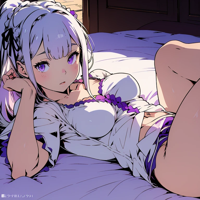 (8K、Top image quality、top-quality、masterpiece)、A detailed face、1 girl in、Light purple hair、short-hair、Purple eyes、piercings、((Brown skin))、((skin tanned))、evil smile、((white shirt))、a necklace、((Removed button))、cleavage、Black miniskirt、sit on a bed、((open your legs))、((light purple panties:))、((zebra pattern panties:1.5))、Taken from below、bedroom background