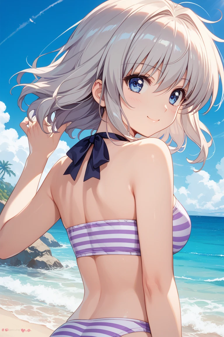 solo, 1girl, looking at viewer, 2D, anime, anime coloring, high quality, solo, night sky, beach, arms behind head, contrapposto, closed mouth, spread armpits, upper body, looking at viewer, smile, best quality, sanya v. litvyak, black bikini, white shorts, smile, blushing, shy