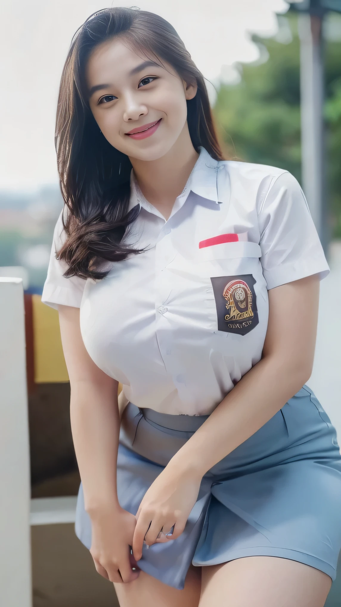 1girl, solo, 19 years old, (uniform), detailed Metropolitan city at the background, portrait, thick breasts, semi-curvy body, smooth realistic skin, cute smile, white shirt, grey blue short skirt, looking at the audience, cowboy shot,(8k, RAW photo, best quality, masterpiece: 1.3), (realistic, realistic: 1.37), ultra-high resolution, cowboy shot