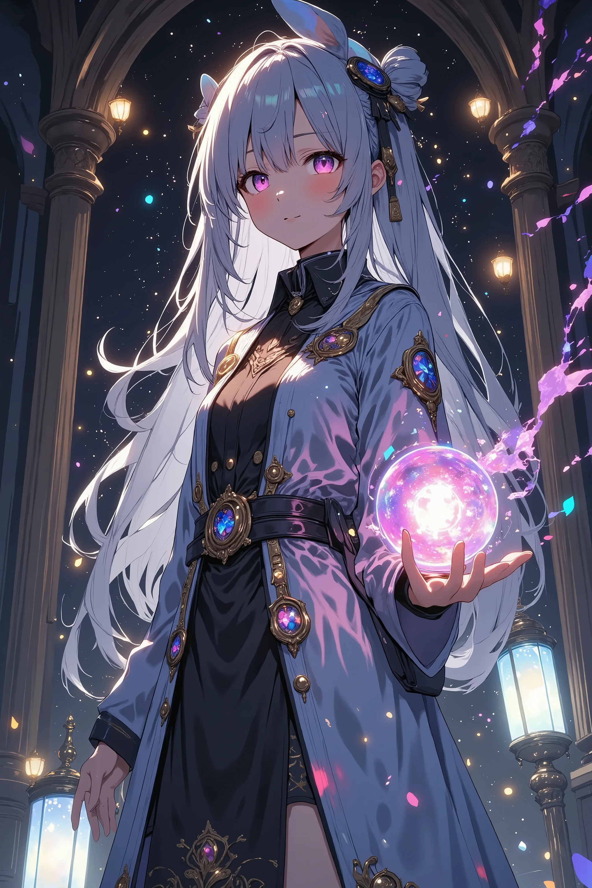 ((Tarot Cards)), Wearing a pale aurora-like aura, a magical ball made with glow in your right hand, a wizard costume, a dark magician, a dark magic, a dark and meaningful work, a red eye