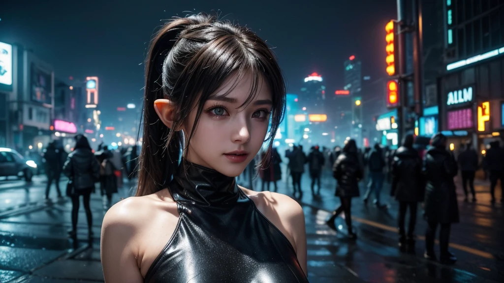 8K,best quality, masterpiece, Ultra-high resolution, (Reality:1.4), RAW photos, (Real skin texture:1.3), (Film Grain:1.3), (Selfie Angle),1 female elf,Beautiful and detailed eyes and face,Off-shoulder,Large Breasts,Postmodern Bodysuit,masterpiece, best quality,close up,Upper body shot, standing on top of the building,Cyberpunk Style Modern Metropolis,night,individual