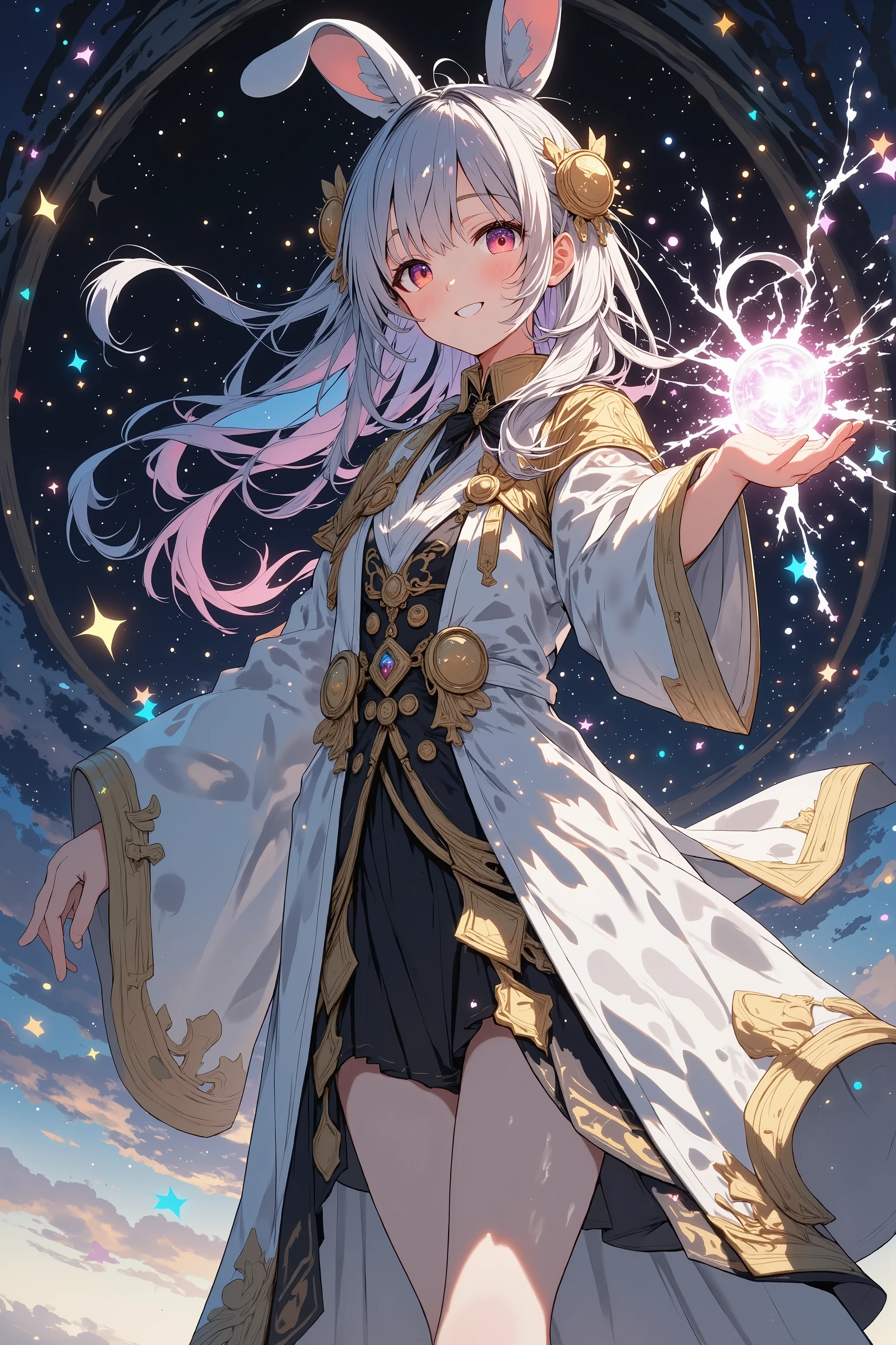 Wearing a pale aurora-like aura, a magical ball made with glow in your right hand, a wizard costume, a dark magician, a dark magic, a dark and meaningful work, a red eye