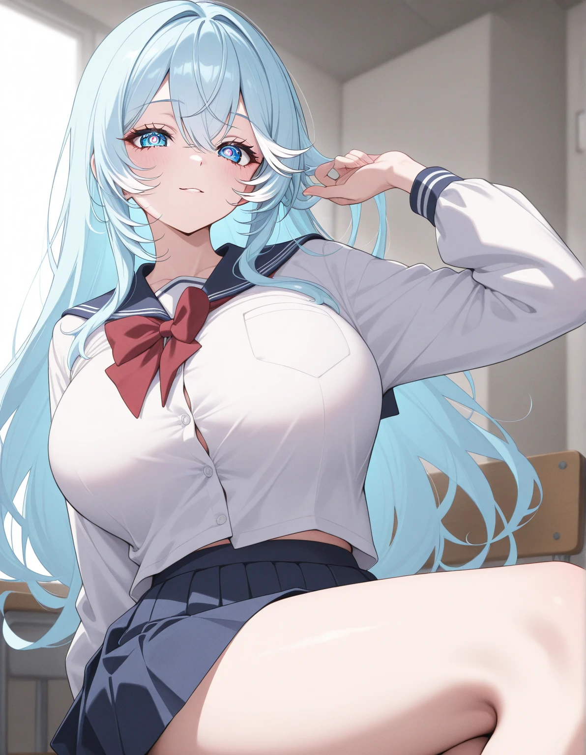 (musterpiece), (best quality), (score_9, score_8_up, score_7_up), very detailed eyes, expressive eyes, perfect face, very detailed face, highly detailed face, beautiful girl, 8K, beautiful girl, (white background:1.3), delicate and beautiful face and eyes, dark intense shadow, 1 girl, solo, vtuber style, cool girl, hololive, vtuber, Yukihana Lamy, Elf ears, blue hair, heart ahoge, golden eyes, Healthy slim body, big chest, soft chest, shiny Oiled Skin, Uniforms, white gloves, (whole body), Looking at the audience, draft style, sitting, look up, smile, blush, from below, pov chest,