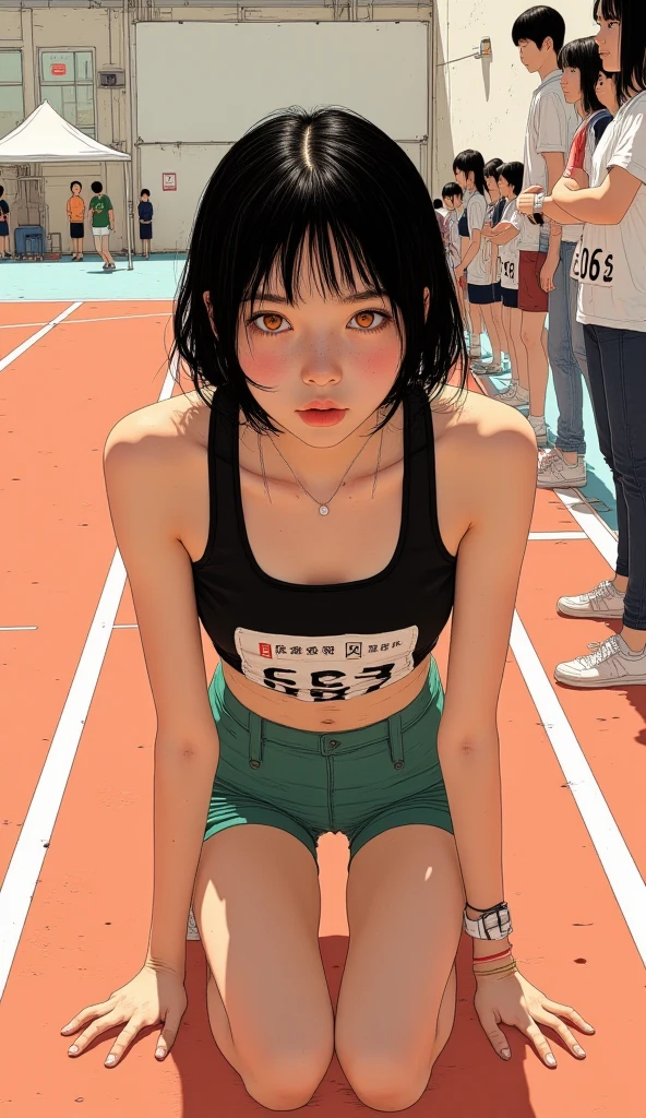 Cute beautiful asian girl, track and fielder, dynamic, dynamism, high resolution version, masterpiece, , slim body, emphasis on abs, no bra, topless, small breast, no panty, black pubic hair,(nude).