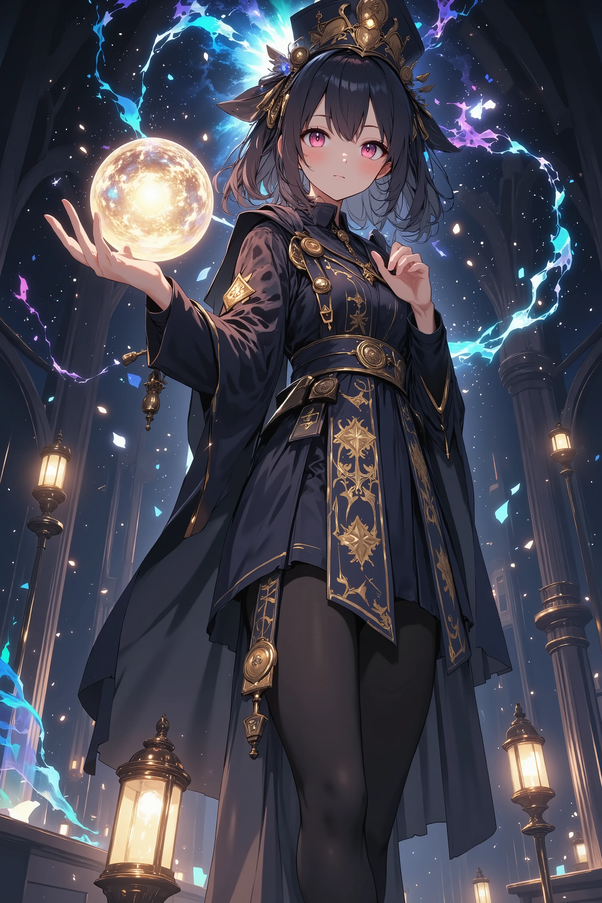 Wearing a pale aurora-like aura, a magical ball made with glow in your right hand, a wizard costume, a dark magician, a dark magic, a dark and meaningful work, a red eye