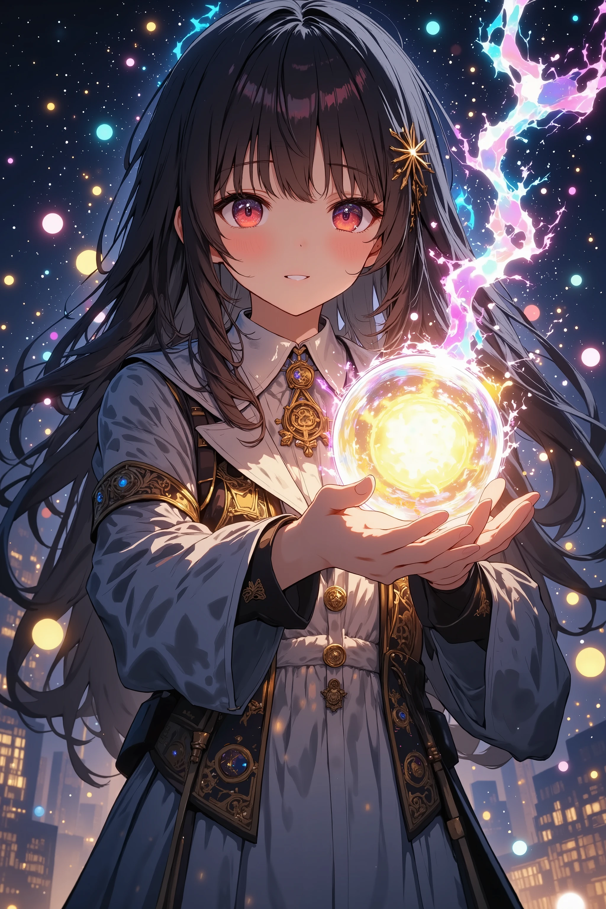 Wearing a pale aurora-like aura, a magical ball made with glow in your right hand, a wizard costume, a dark magician, a dark magic, a dark and meaningful work, a red eye