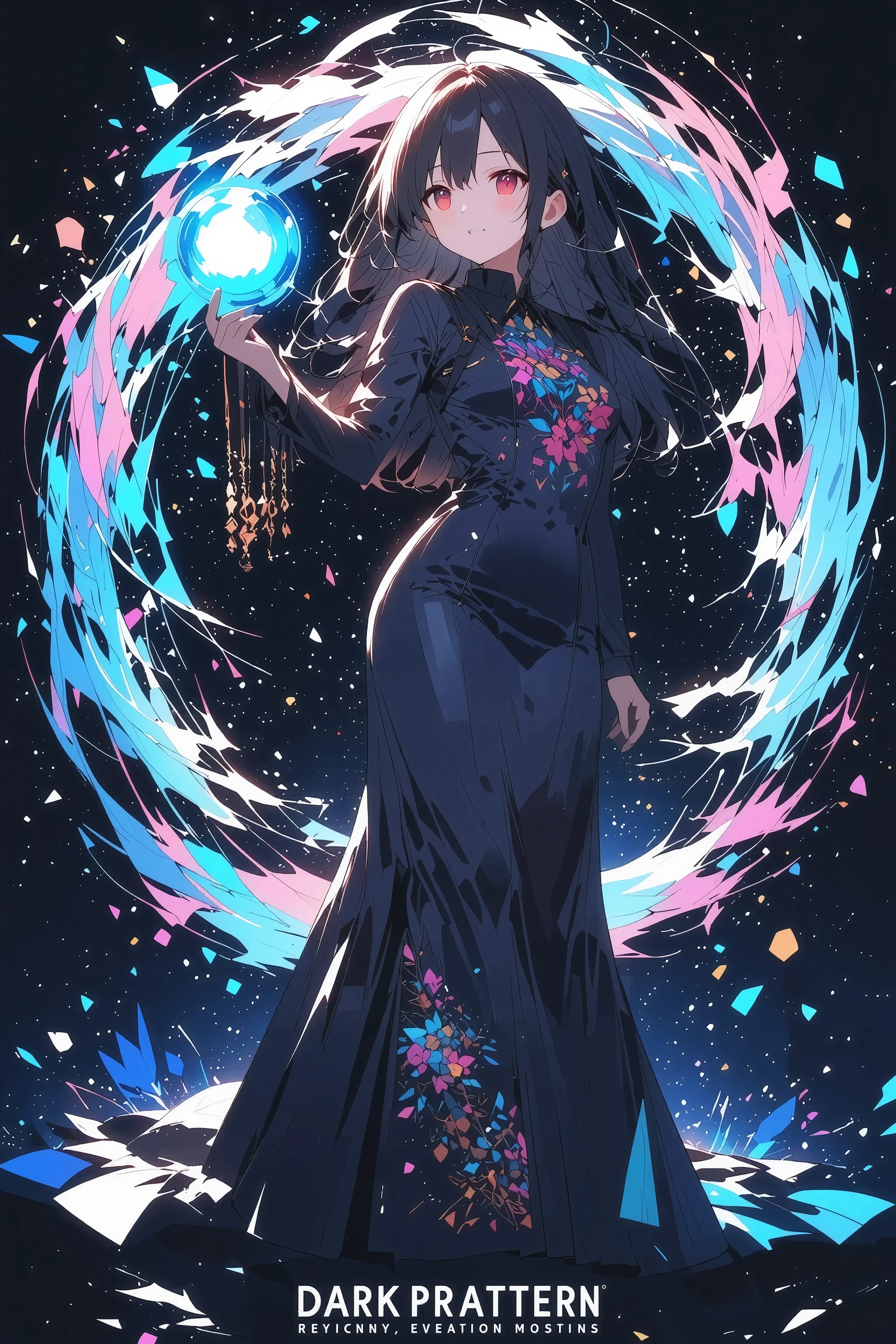 Wearing a pale aurora-like aura, a magical ball made with glow in your right hand, a wizard costume, a dark magician, a dark magic, a dark and meaningful work, a red eye
