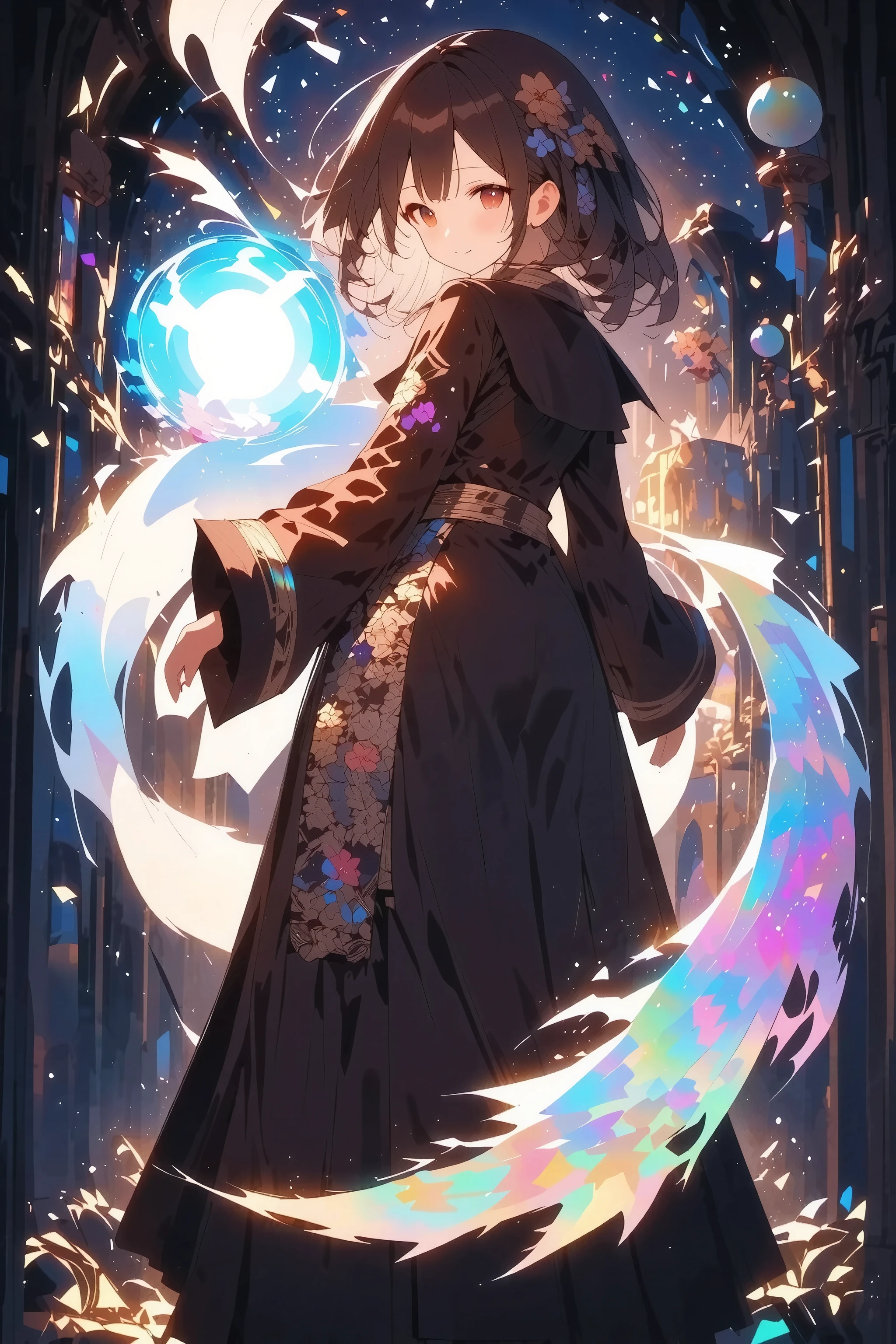 Wearing a pale aurora-like aura, a magical ball made with glow in your right hand, a wizard costume, a dark magician, a dark magic, a dark and meaningful work, a red eye