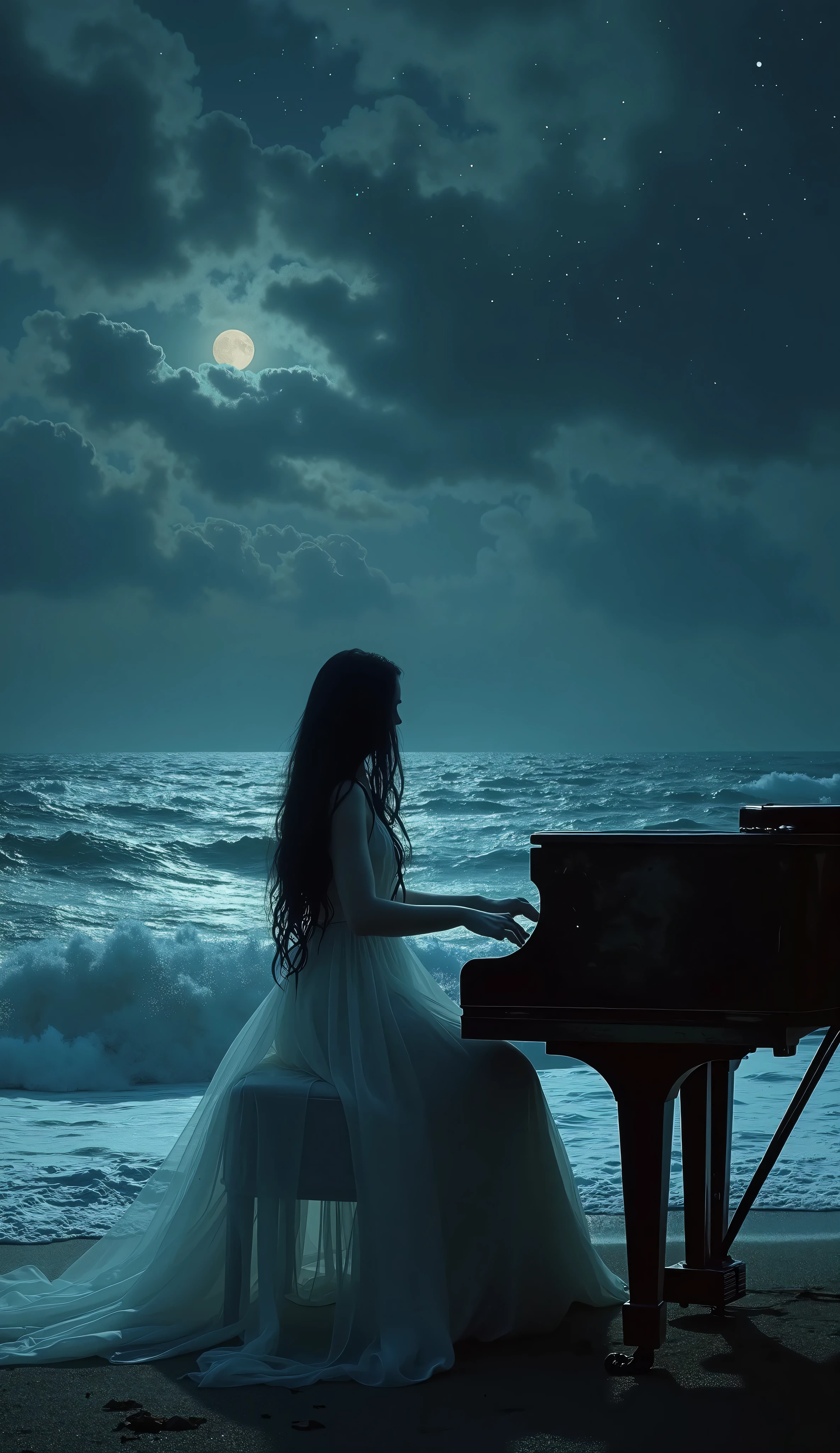 An hyper-realistic dark fantasy night scene viewed from the shoreline, depicting a vast, stormy sea with rolling waves under a deep, infinite sky. The darkness is profound, but faint silver stars pierce through the shadows, scattered in different intensities—some barely visible, others forming a subtle constellation. Wisps of clouds drift across the sky, uneven and layered, their edges tinged with the cold glow of the moon, which remains partially hidden behind them. A spectral haze lingers near the horizon, giving a sense of distance and scale.
In the foreground, a beautiful ghostly woman with long, flowing black hair plays a weathered grand piano.Her ethereal, semi-transparent white gown moves with an unnatural fluidity, as if caught in an unseen current.The lid is partially open, revealing dust-covered strings that seem to resonate with an unheard melody.
The scene is rich in chiaroscuro contrasts, with cinematic lighting. Ultra-detailed, the composition balances the immensity of the sky with the delicate presence of the ghostly dancer, creating a haunting yet mesmerizing vision of sorrow and mystery.*