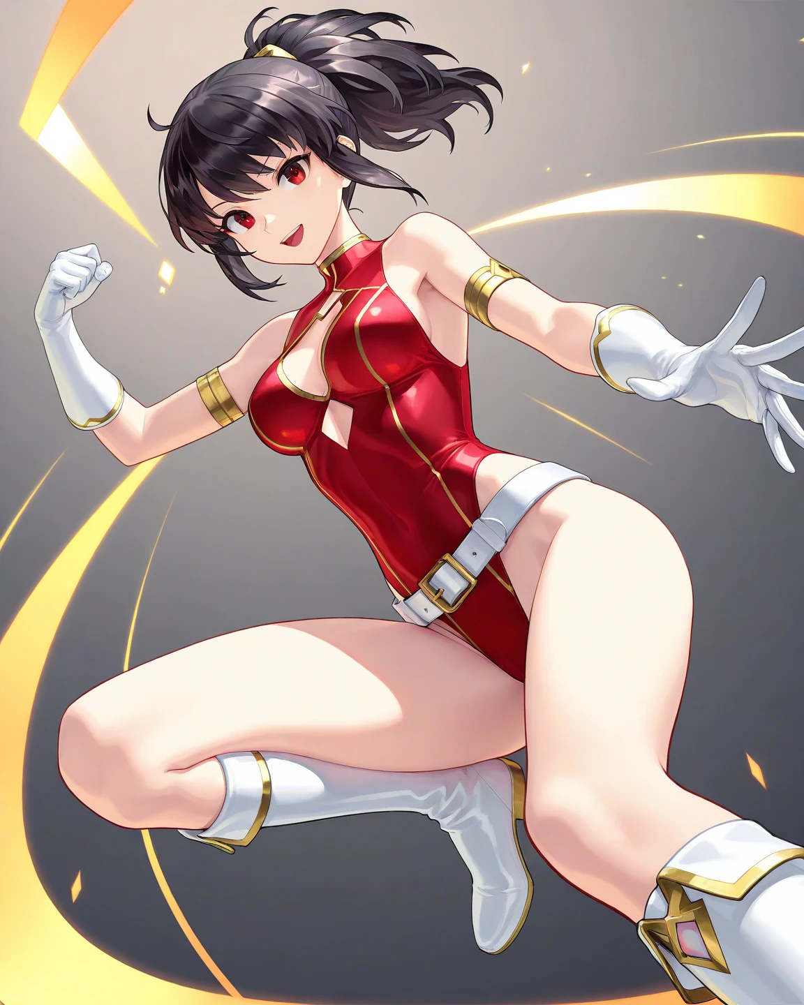 masterpiece, best quality, highres, 1girl, yaoyorozu momo, black hair, ponytail, hair pulled back, black eyes, large breasts, red leotard, navel cutout, bare arms, bare legs, belt, <lora:yaoyorozu_momo_v1:0.8>, standing, cowboy shot, boku no hero academia, looking at viewer, smile,