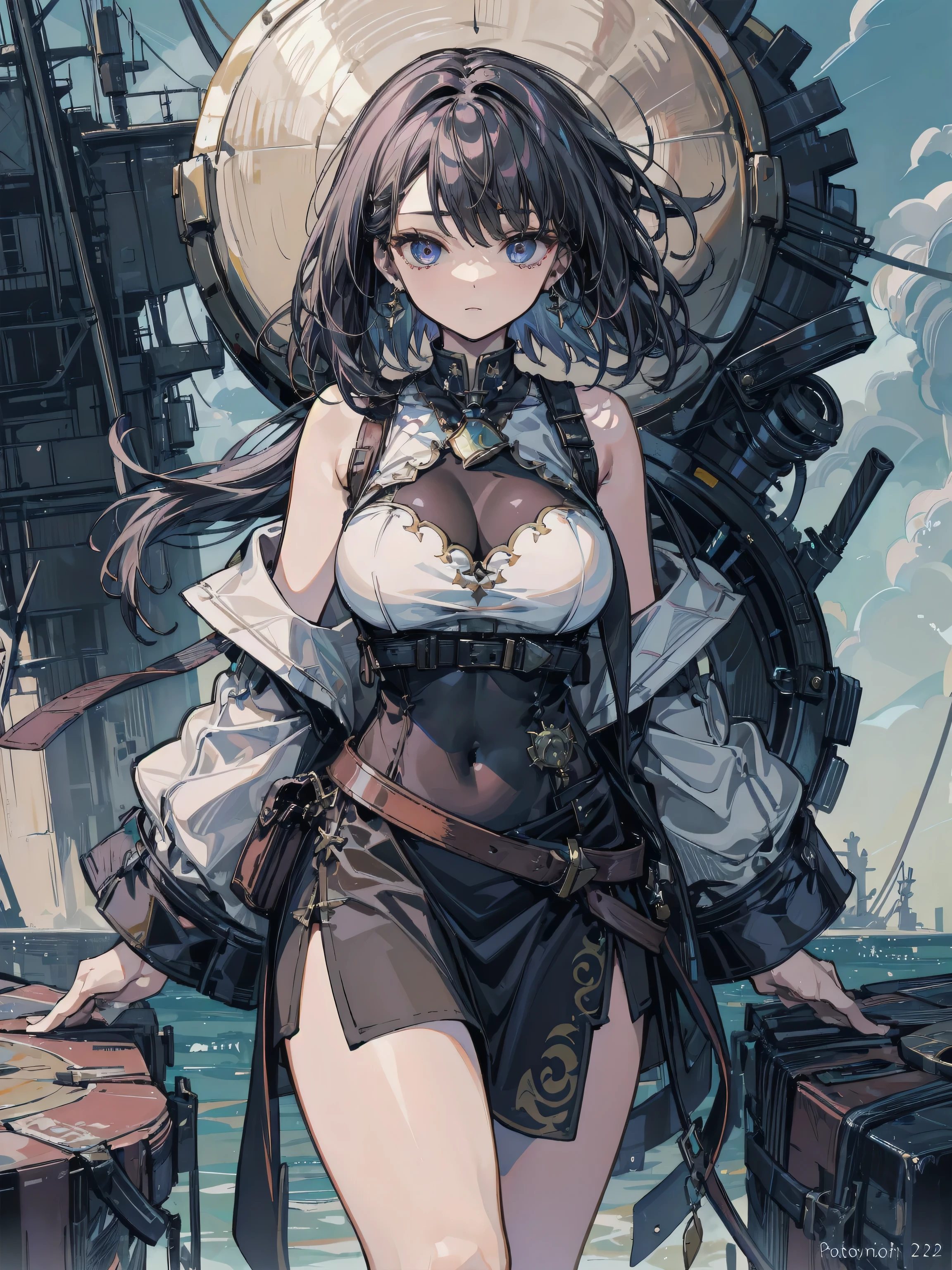(highest quality、masterpiece、High resolution、detailed)、(Shining eyes、detailed beautiful face)、anime style, super fine illustration, highly detailed, dynamic angle, beautiful detailed, 8k, BREAK (a woman:1.7)、 ((steampunk bikini:1.8))、(steampunk-style yacht: 1.9), (yacht proceeding over the sea: 1.7, violent splashes: 1.7), (futuristic feel),, BREAK, (beautiful animation)