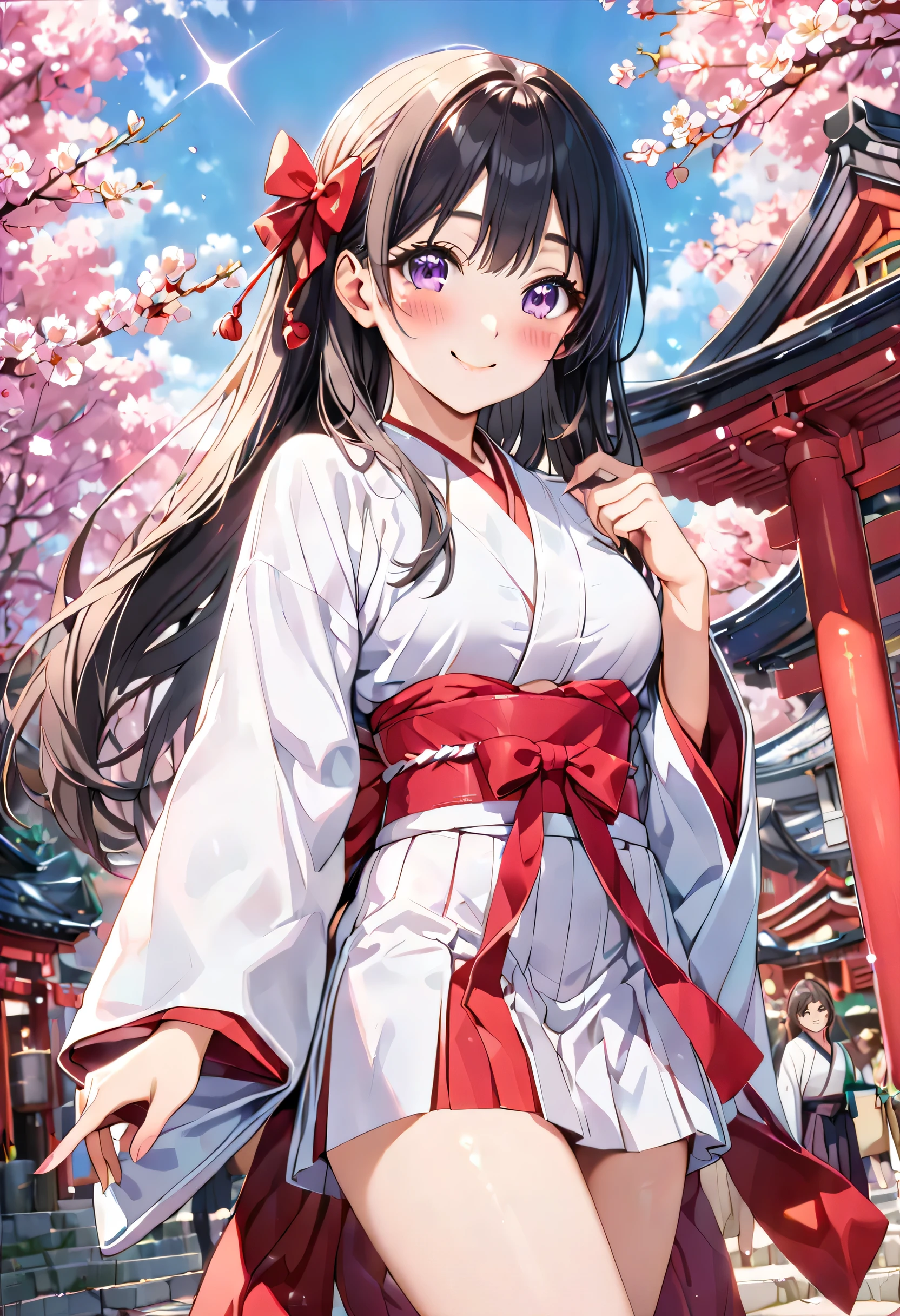 ((ultra-detailed)), (highly detailed CG illustration), (best quality:1.2), ultra-highly detailed, colorful composition, artistic photoshoot, 1girl, solo focus, ((thigh to top:1.4)), ((cowboy shot:1.4)), ((ideal ratio body proportions)), moe anime character, girl, dainty facial structure, (baby face), (round face), ((rounded chin:1.2)), ((ideal ratio body proportions)), celia-default, celia claire, black hair, pink-purple eyes, sparkle eyes, wearing oval glasses with a lightweight metal frame, red ribbon, hair ribbon, japanese clothes, miko, hakama skirt, red hakama, white kimono, ample breasts, wide sleeves, looking at viewer, slight, ((smile:1.2)), ((blush:1.4)), eyes, expecting, pink cheek, blush, pink lips, standing by the Shrine precincts, portrait, depth of field, soft lighting, sidelighting, (shine), lighting, caustics, ray tracing, perfect face, lustrous skin, highly detailed face, highly detailed eyes, perfect face, perfect nose, perfect hair, perfect eyes, perfect anatomy, beautiful hair, beautiful small face, extremely detailed face, beautiful detailed eyes, beautiful clavicle, beautiful body, beautiful ample breasts, leavage, breasts squeezed together, equalize the size of the left and right breasts, small pale pink nipples, beautiful thin thighs, beautiful legs, beautiful fingers, lovely, (very detailed background:1.0), (highly detailed background:1.0), spring aesthetic, intricate details, joyful atmosphere, spring colors palette, chromatic aberration