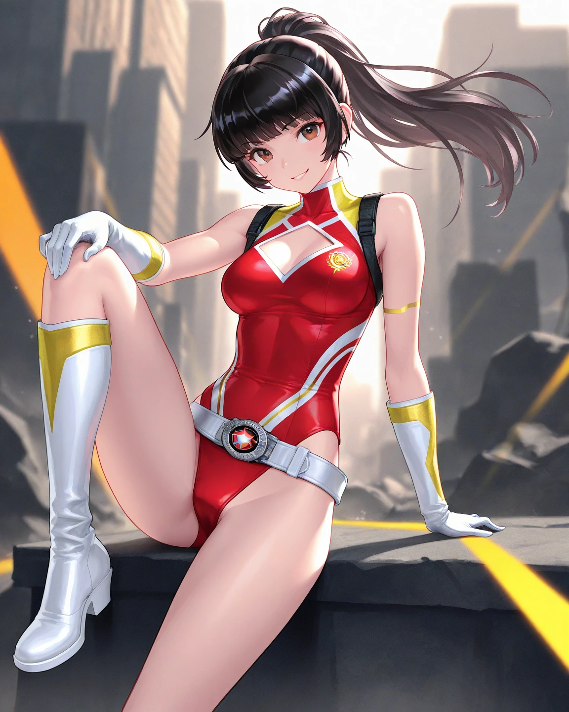 1girl, superhero, leotard, bare legs, boots, standing, solo focus, tight belt, hands on hip, full body shot, mature lady, perfect anatomy 