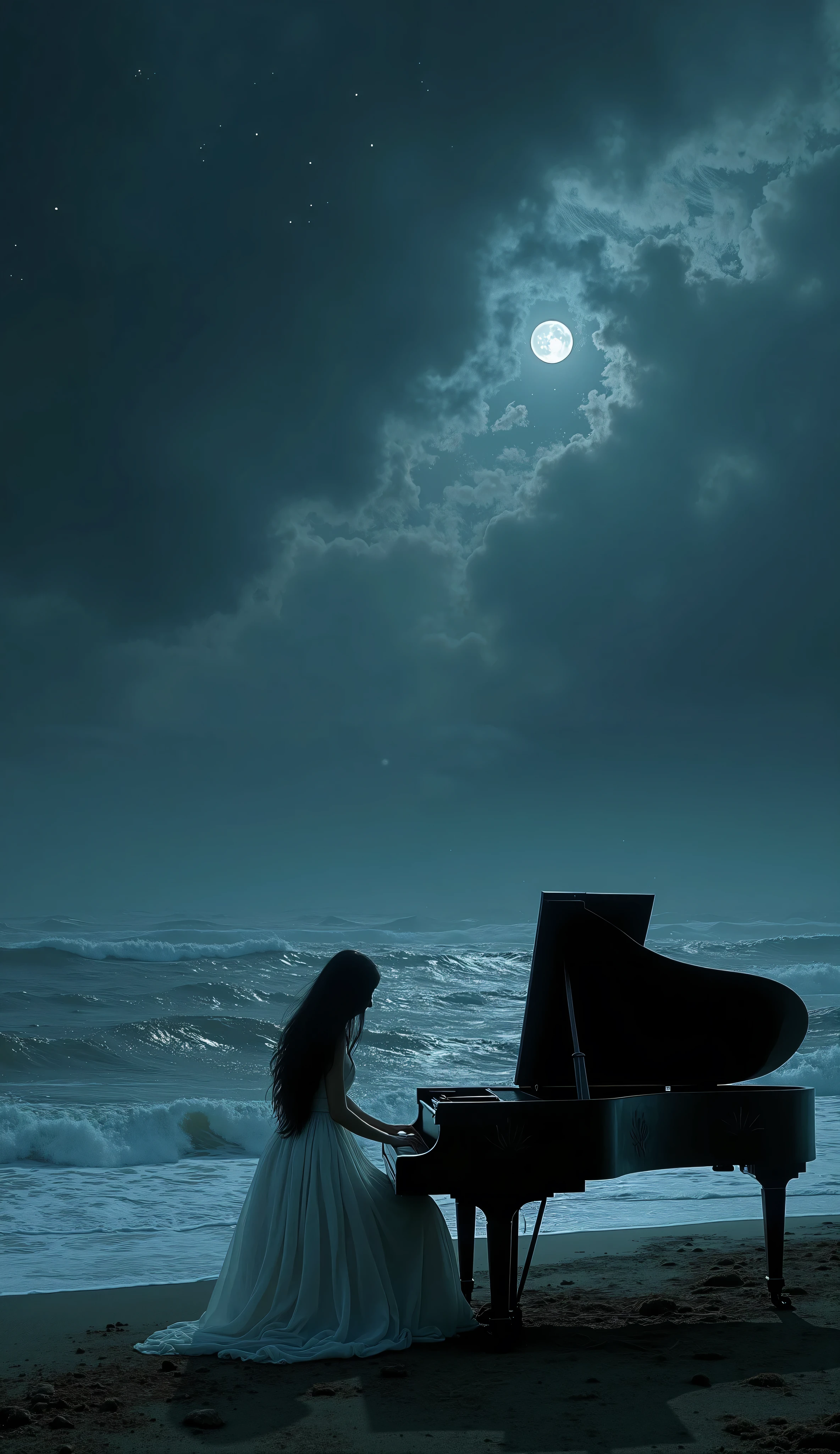 An hyper-realistic dark fantasy night scene viewed from the shoreline, depicting a vast, stormy sea with rolling waves under a deep, infinite sky. The darkness is profound, but faint silver stars pierce through the shadows, scattered in different intensities—some barely visible, others forming a subtle constellation. Wisps of clouds drift across the sky, uneven and layered, their edges tinged with the cold glow of the moon, which remains partially hidden behind them. A spectral haze lingers near the horizon, giving a sense of distance and scale.
In the foreground, a beautiful ghostly woman with long, flowing black hair plays a weathered grand piano.Her ethereal, semi-transparent white gown moves with an unnatural fluidity, as if caught in an unseen current.The lid is partially open, revealing dust-covered strings that seem to resonate with an unheard melody.
The scene is rich in chiaroscuro contrasts, with cinematic lighting. Ultra-detailed, the composition balances the immensity of the sky with the delicate presence of the ghostly dancer, creating a haunting yet mesmerizing vision of sorrow and mystery.*