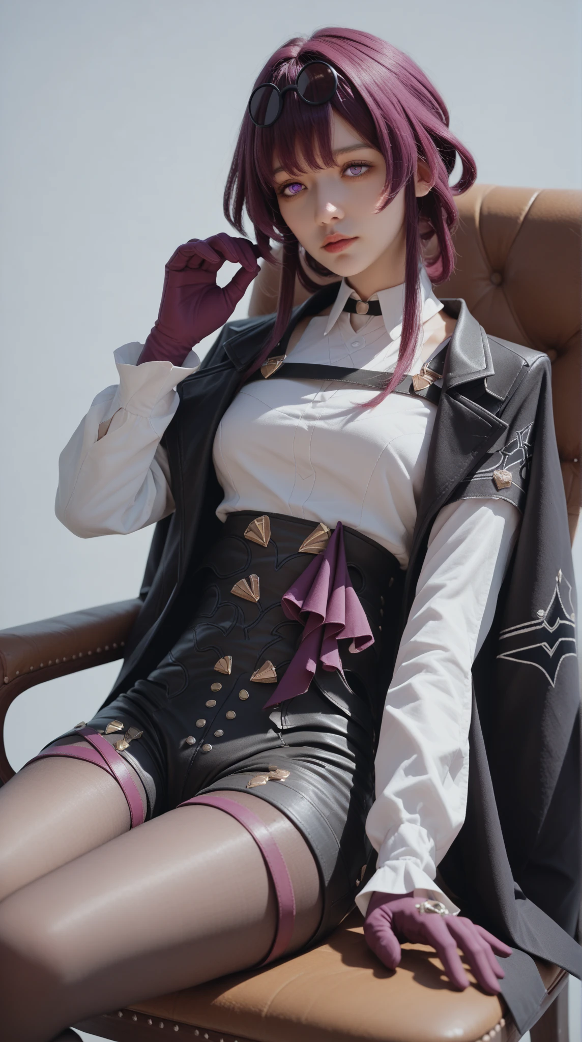 score_9, score_8_up, score_7_up, score_6_up, score_5_up, score_4_up, rating_safe, <lora:XSFQT_XLV03:0.25> XSFQT, <lora:R0y41_RealXL_V00:0.5> R0y41, realistic looking, raw photo, photorealistic, <lora:extremely_detailed:1> extremely detailed,
<lora:hsr_kafka_ponyXL_1:1> kafkadef, sunglasses, pince-nez, eyewear on head, purple eyes, no pupils, black jacket, white shirt, collared shirt, long sleeves, chest harness, purple gloves, black shorts, high-waist shorts, pantyhose under shorts, earrings