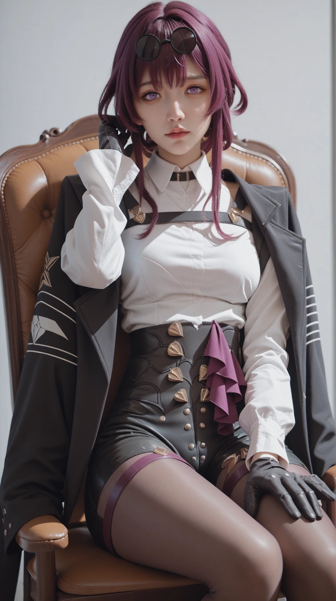 (photorealistic:1.4), raw photo, 1girl, purple eyes, purple hair, (eyewear on head), stellaron hunters outfit,  black jacket, jacket on shoulders, shirt, shorts, pantyhose, boots,deep shadow,  detailed face, detailed eyes, depth of field, bokeh, vibrant details, finely detailed, hyperrealistic, 35mm film, hazy blur,upper body,, masterpiece,ultra realistic,32k,extremely detailed CG unity 8k wallpaper, best quality