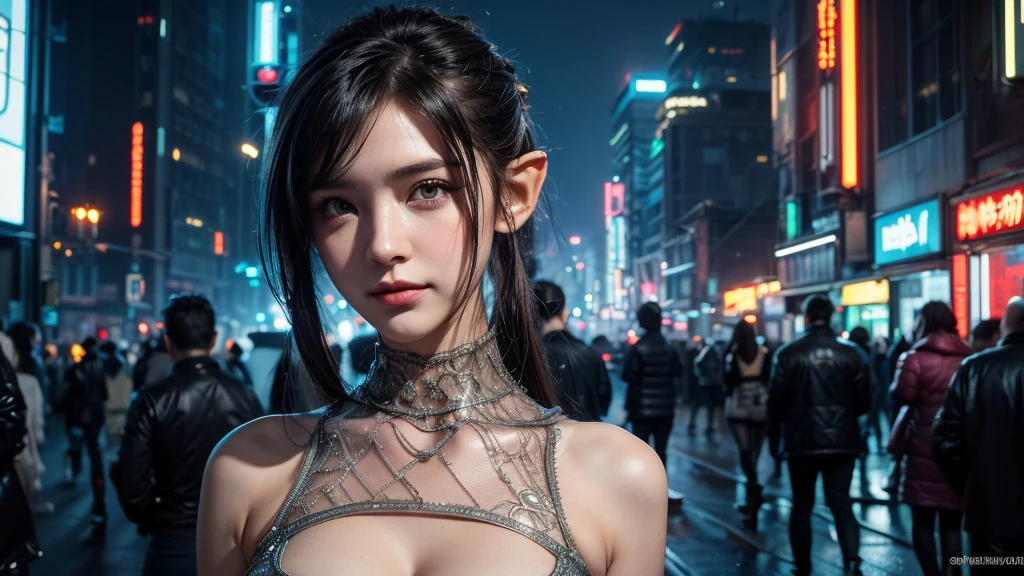 (raining day:1 bun lady,Purple hair combed into a bun, Kneeling pose), tmasterpiece, best qualtiy, RAW photogr, realisticlying, the face, Incredibly Ridiculous res, Beautiful elf beauty, ear studs,Get wet all over, (Light purple ultra-short hair,hair-bun), black formal,tiese,(black lence stockings),Black stockings,(no shoe),depth of fields, A high resolution, ultra - detailed, filigree, RAWE is very detailed, very detailed eyes and faces, Sharp pupils, realistic pupil, tack sharp focus, cinmatic lighting,full bodyesbian,Bigboobs,long leges,From the front side,Main street on a rainy day,dynamicposes