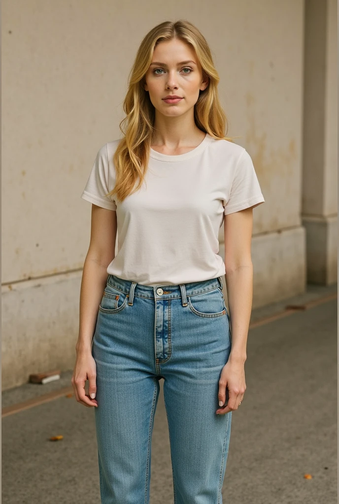 A woman in a white t-shirt and jeans standing on a street ultra realistic, Close-up of'a woman with ((a loose white T-shirt, short sleeve t-shirt, closed round neck t-shirt)) and black tight pants posing for a photo, short hair et noirs comme des cheveux, Anastasia Ovchinnikova, short black hair, short cut and black pixie hair, short hair, olga buzova, short black hair, Alina Ivánchenko, short dark haircut, pixie cut, duendecillo hair cut, Yulia Gorokhova, short black hair, masterpiece, Low jeans, (average breasts), (perfect body), (short black hair), outside, (skin texture:1.1), Best Quality, ultra high resolution, raw photo, Nikon D850, Backlight, rim light, sunlight, film grain:1.2, blue eyes