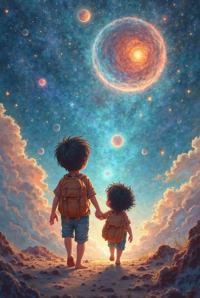 Expanding Universe, Growth of human beings and the universe, Child growth, evolution, style illustration , happy, various angles