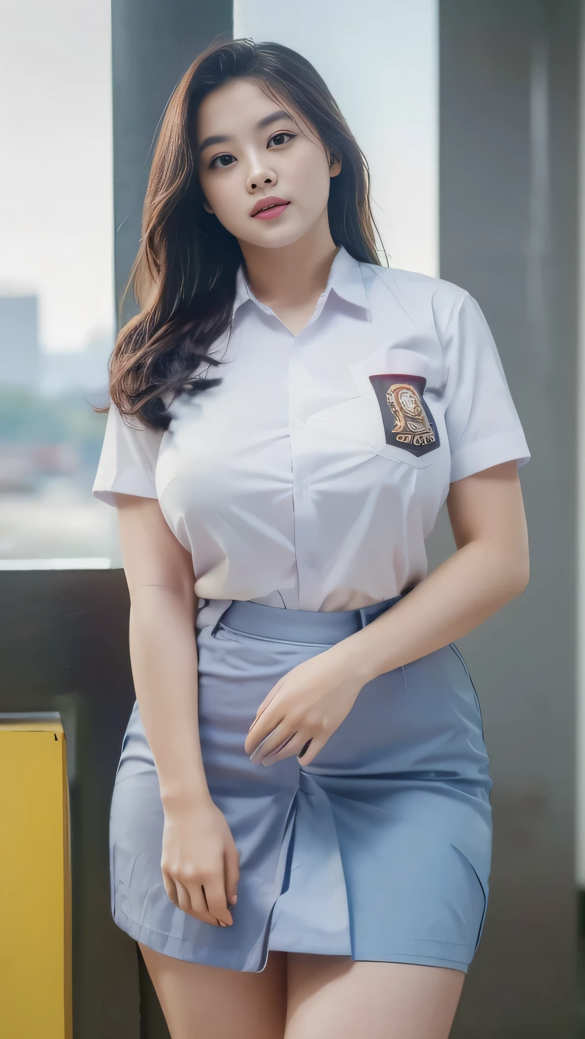 1girl, solo, 19 years old, (uniform), detailed Metropolitan city at the background, portrait, thick breasts, semi-curvy body, smooth realistic skin, white shirt, grey blue short skirt, looking at the audience, cowboy shot,(8k, RAW photo, best quality, masterpiece: 1.3), (realistic, realistic: 1.37), ultra-high resolution, cowboy shot