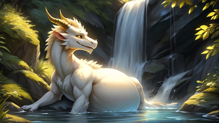 ultra-detailed, masterpiece, masterwork, high quality, best quality, hdr, posted on e621, (by darkgem), (nature, hotspring, waterfall), nsfw, male, solo, (white body dragon), hairy dragon, (silver hair, yellow eyes, detailed eyes, white body), (nude, smallpenis, foreskin, balls), standing, front view, dynamic angle