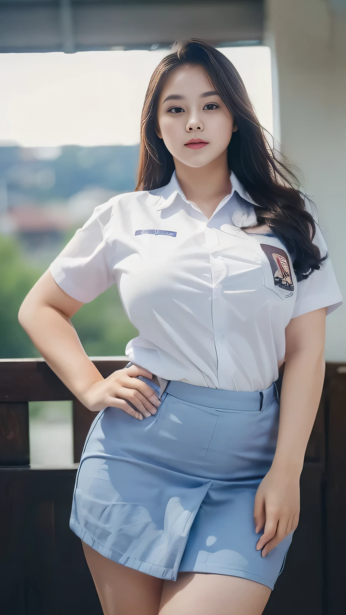 1girl, solo, 19 years old, (uniform), detailed Metropolitan city at the background, portrait, thick breasts, semi-curvy body, smooth realistic skin, white shirt, grey blue short skirt, looking at the audience, cowboy shot,(8k, RAW photo, best quality, masterpiece: 1.3), (realistic, realistic: 1.37), ultra-high resolution, cowboy shot