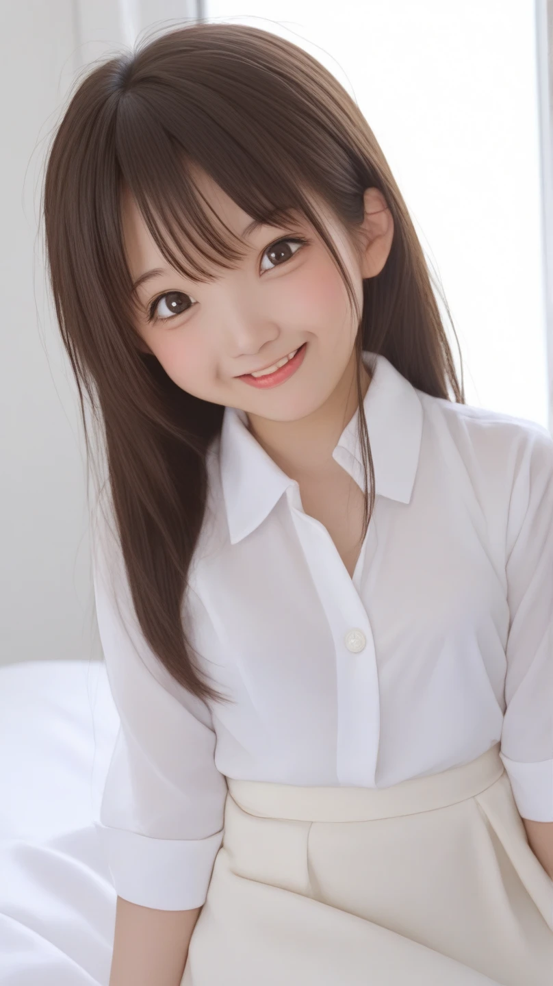 18year old、a smile、brown haired、beautidful eyes、real looking skin、hi-school girl、Bright illustration、small tits、(8K、masterpiece)、(reallistic、Photorealsitic)、top-quality、ighly detailed、The ultra-detailliert、Beautie、cute little、japanes、Idol
