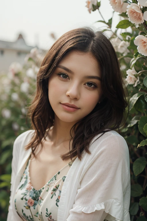 (Masterpiece, Professional lighting, 16k, 8k wallpaper, raw photo, photorealistic:1.8, ultra detailed, natural gentle lighting, detailed skin, textured skins, pale skin, cinematic composition, detailed background:1.2 ), 1girl, Cute beautiful Asian woman: 1.4 ((Brown wavy hair darker)) , (light white dress long detailed legs, medium breast, Happy expression, looking at blossoms: 1.2, sniffing blossoms: 1.2), ((Ukrainian park: 1.3)), Highly detailed face and skin texture, Detailed eyes, Double eyelid, full height