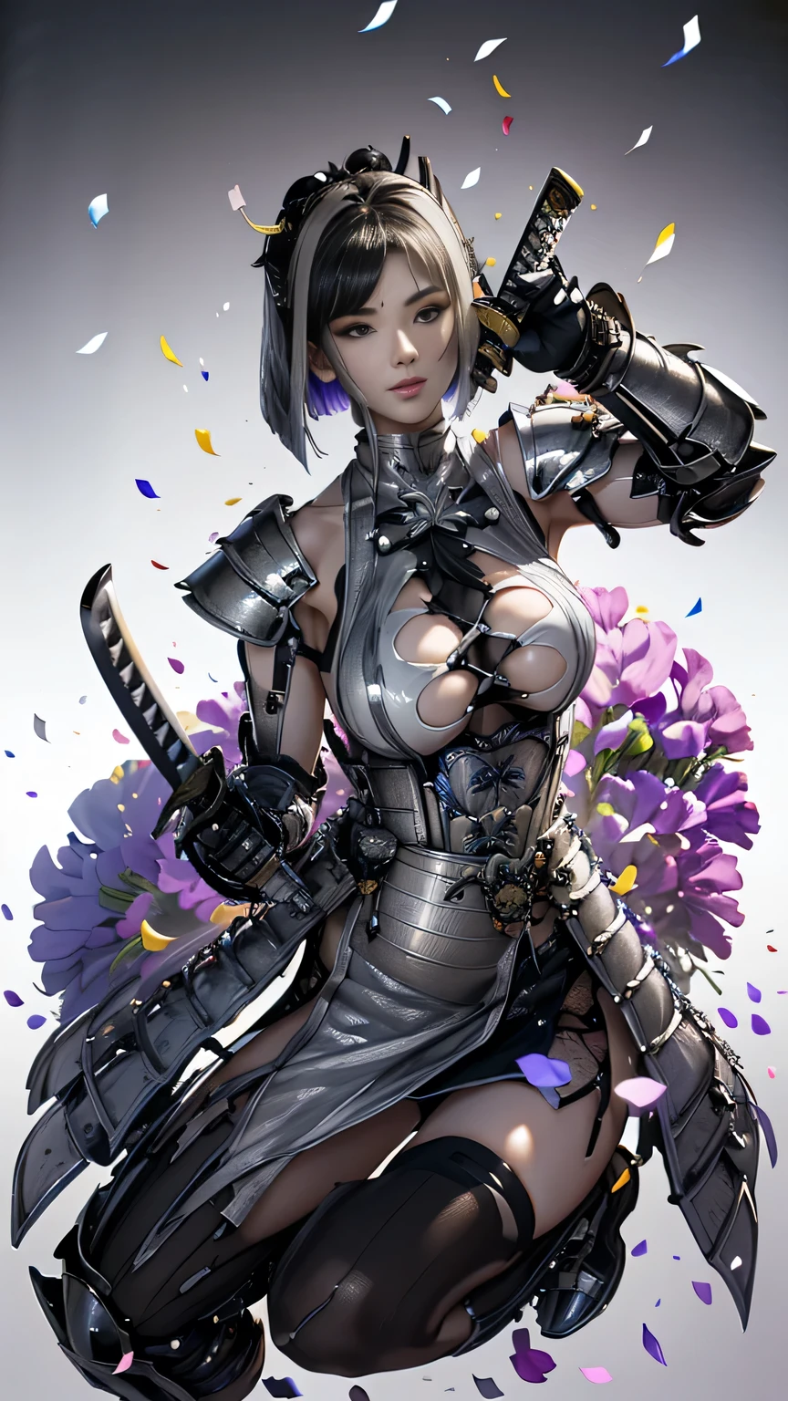 young woman,1 person,Oiran,(wielding a katana with great force:1.6), very detailedな, realist,(seductive smile),(),(),(battle pose:1.8), Brilliant Appearance ,extremely detailed, Imaginative,sensual ,Best Quality, skin texture,(bob cut:1.8),(black hair:1.8),muscular,(huge breasts:1.3),(underboob),(gradient silver Samurai armor:1.8),(black cloak),(gypsy skirt),garter belt,black tights,absolute region with to,intricate detail ,dynamic lighting,(gradient silver background:1.3),(sweet pea flower confetti:1.4),(flowering sweet pea:1.4), RAW photos , 8k, masterpiece, Best Quality,Ultra Details,very detailed, intricate detail ,high resolution,超intricate detail,very detailed 8k cg wallpaper,