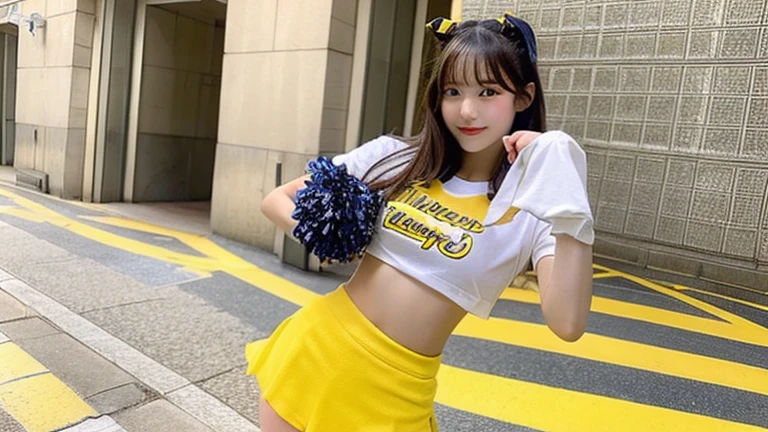Best Quality, master piece, ultra high resolution, (Photorealsitic:1.4), Raw photo, 1 girl, 16 years old, (((Japanese number one idol))), ((wearing cheerleader's yellow sleeveless shirt and cheerleader's yellow pleated skirt, white cute underwear)), dancing at schoolyard, (((very cute face, very beautiful big black eyes, black short cut hair, innocent smile))), dynamic pose, beautiful skins, detailed face, detailed eyes, detailed hair, detailed body, detailed fingers, detailed hip, detailed thighs, detailed skins
