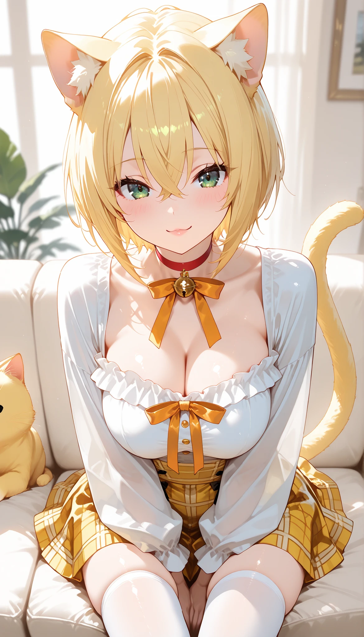 ((Masterpiece, Best Quality)), 1 Girl, Solo, Short Hair, Cat Girl, Cat Ears, Pleated Skirt, Hairpin, Choker, Off Shoulders, Smile, Blonde