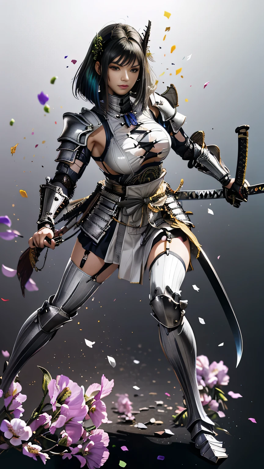 young woman,1 person,Oiran,(wielding a katana with great force:1.6), very detailedな, realist,(seductive smile),(full body:1.6),(from front:1.6),(battle pose:1.8), Brilliant Appearance ,extremely detailed, Imaginative,sensual ,Best Quality, skin texture,(bob cut:1.8),(black hair:1.8),muscular,(huge breasts:1.3),(underboob),(gradient silver Samurai armor:1.8),(black cloak),(gypsy skirt),garter belt,black tights,absolute region with to,intricate detail ,dynamic lighting,(gradient silver background:1.3),(sweet pea flower confetti:1.4),(flowering sweet pea:1.4), RAW photos , 8k, masterpiece, Best Quality,Ultra Details,very detailed, intricate detail ,high resolution,超intricate detail,very detailed 8k cg wallpaper,