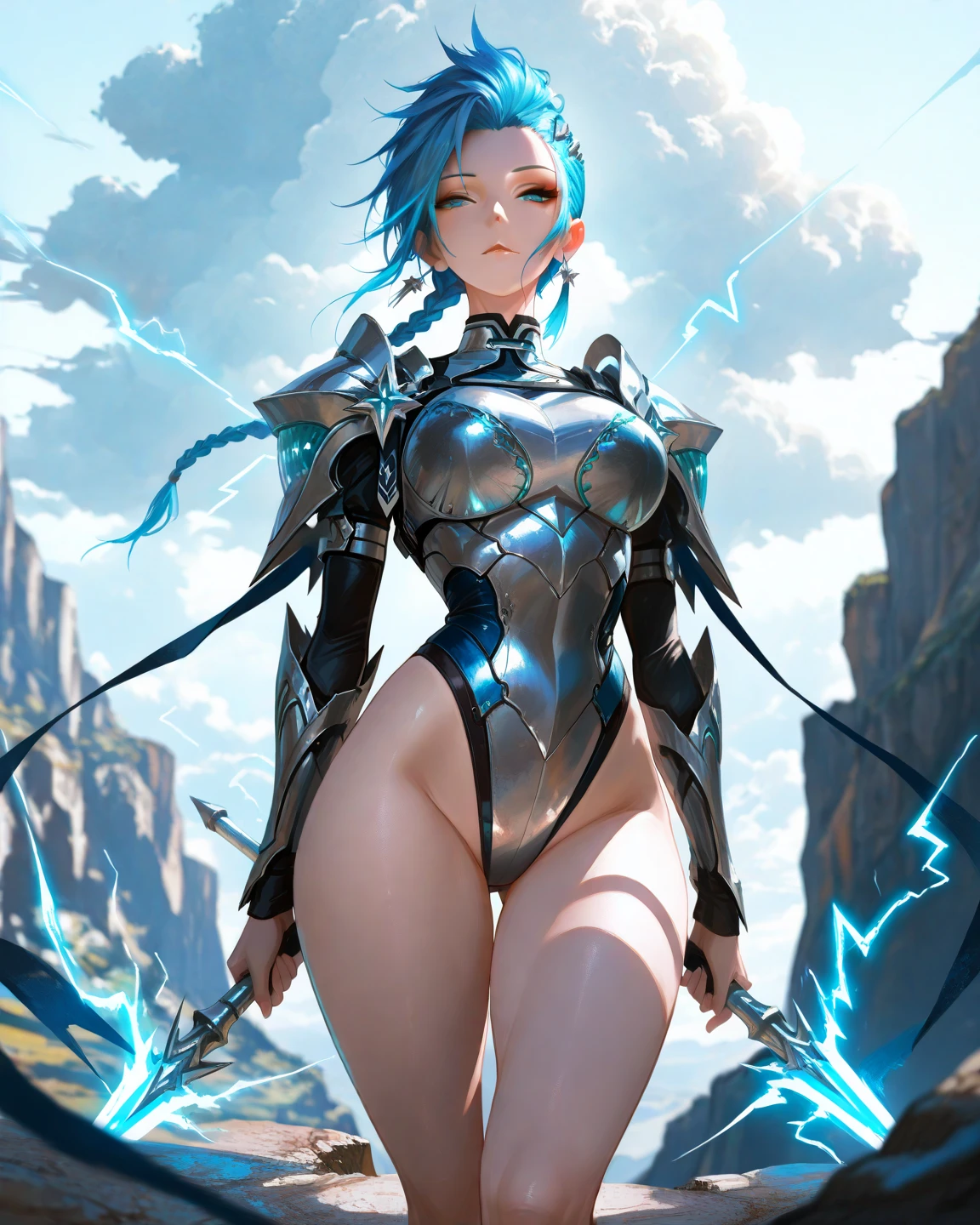 highest quality、complete limbs、full finger、((Woman with light blue hair))、((Very Shorthair Woman))、Beauty busty woman:1.3、female knight、((full armor))、((Light blue high-neck leotard:1.3))、big smile、(((woman wearing brown tights:1.3)))、castle town、squirt、Hands on hips、sexy pose