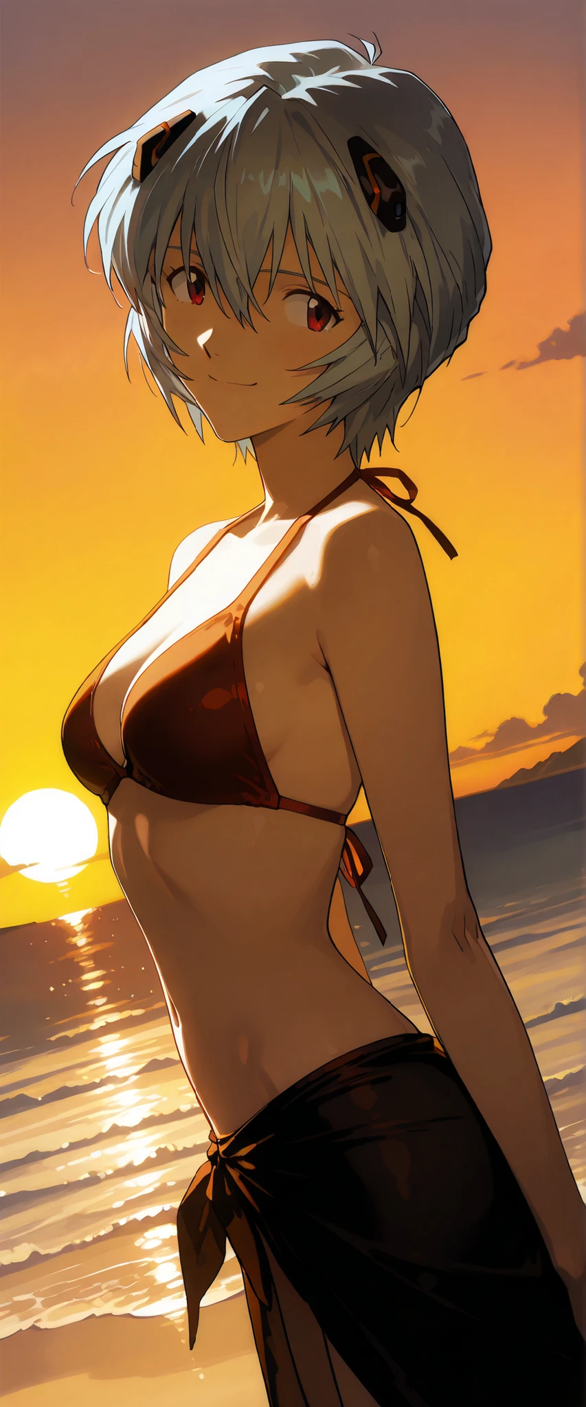 1 woman, rei ayanami (neon genesis evangelion), dutch angle, light blue hair, short hair, red eyes, two-piece bikini, sarong, cheerful smile, cheerful pose, windy, beautiful beach, sunset, chiaroscuro, masterpiece, high quality, highly detailed
