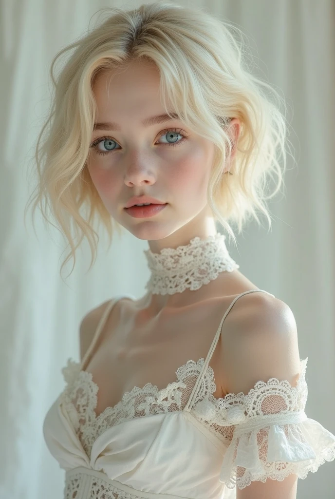 score_9, score_8_up, score_7_up, girl in lace, blonde, young woman, cute, detailed image, chrome, sharp image, realistic, intricate ornate, side lighting, night, low light, wall, simple background, sophisticated, trimmed hair, kinky dress, lace trim, ornate, avantgarde fashion, pale skin, pale blond, blue eyes, freckles, view from above, short hair, rococo outfit, fractal lace, sunlight