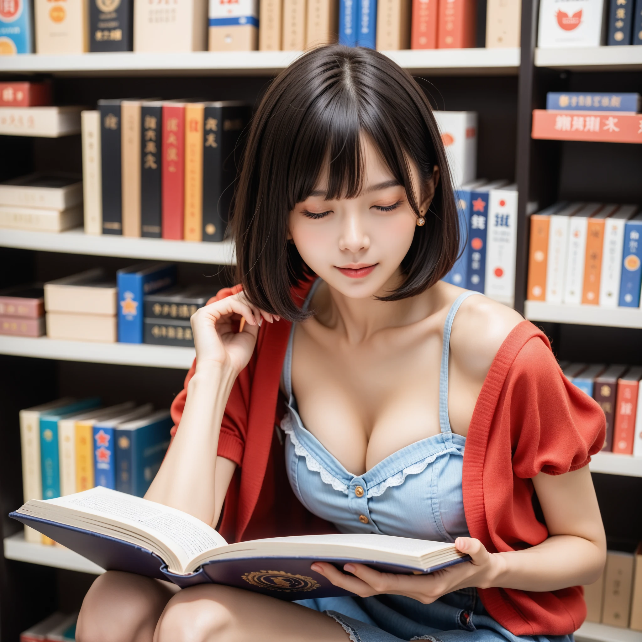 ((top quality, 8k, masterpiece: 1.3)), pretty woman with perfect figure: 1.4, (big breasts: 1.2), very detailed face and skin texture, detailed eyes, sleeveless, mini skirt, (posing in library: 1.2), 1girl, cinematic, full body, goddess of Japan, short hair, smile, being watched by library staff, person reading