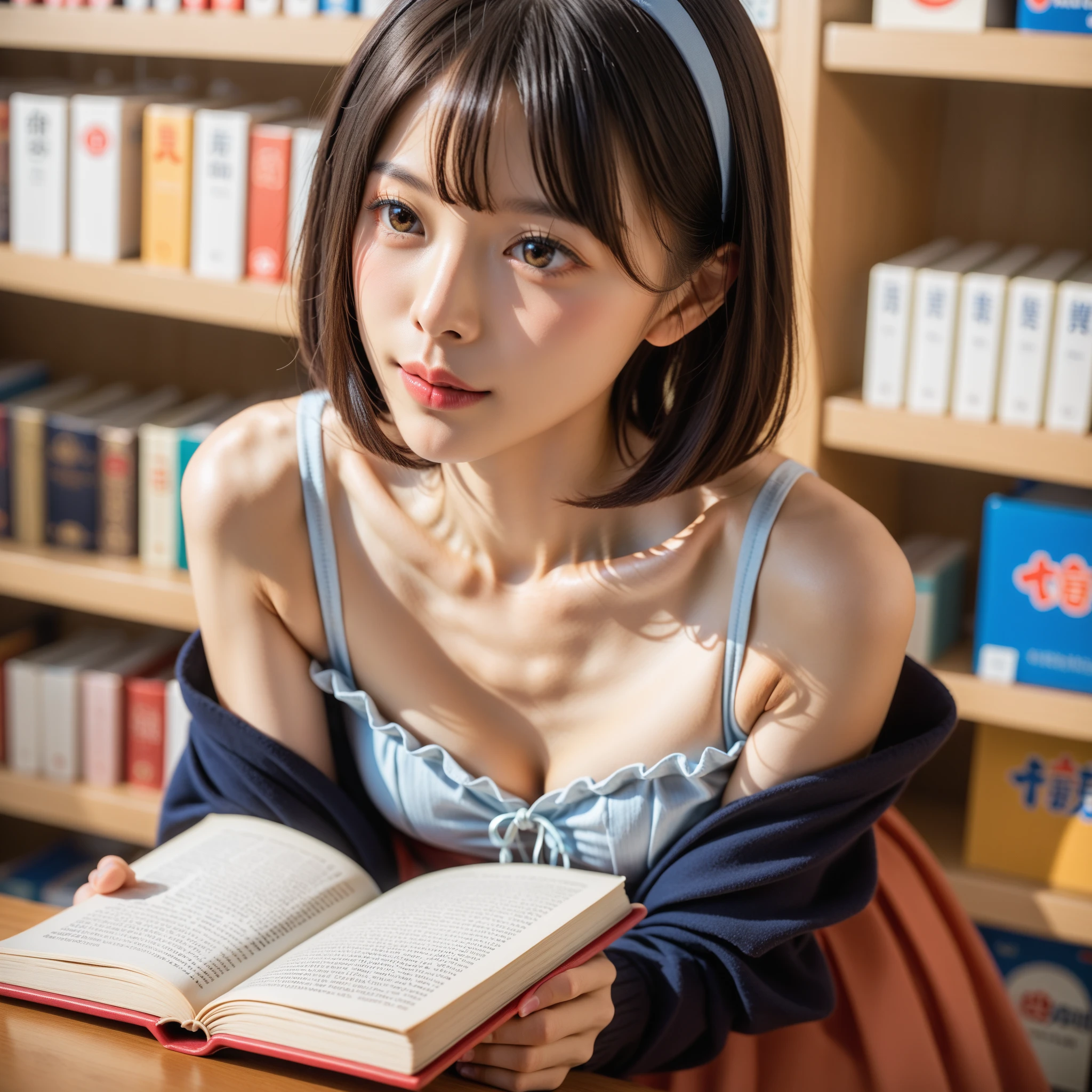 1girl, library , short bob cut hair ,(fish eye lens), levitating book, school outfit , cleavage, light, (wide angle), red hair, smile, ((chest tatooed)), flirtatious eyes