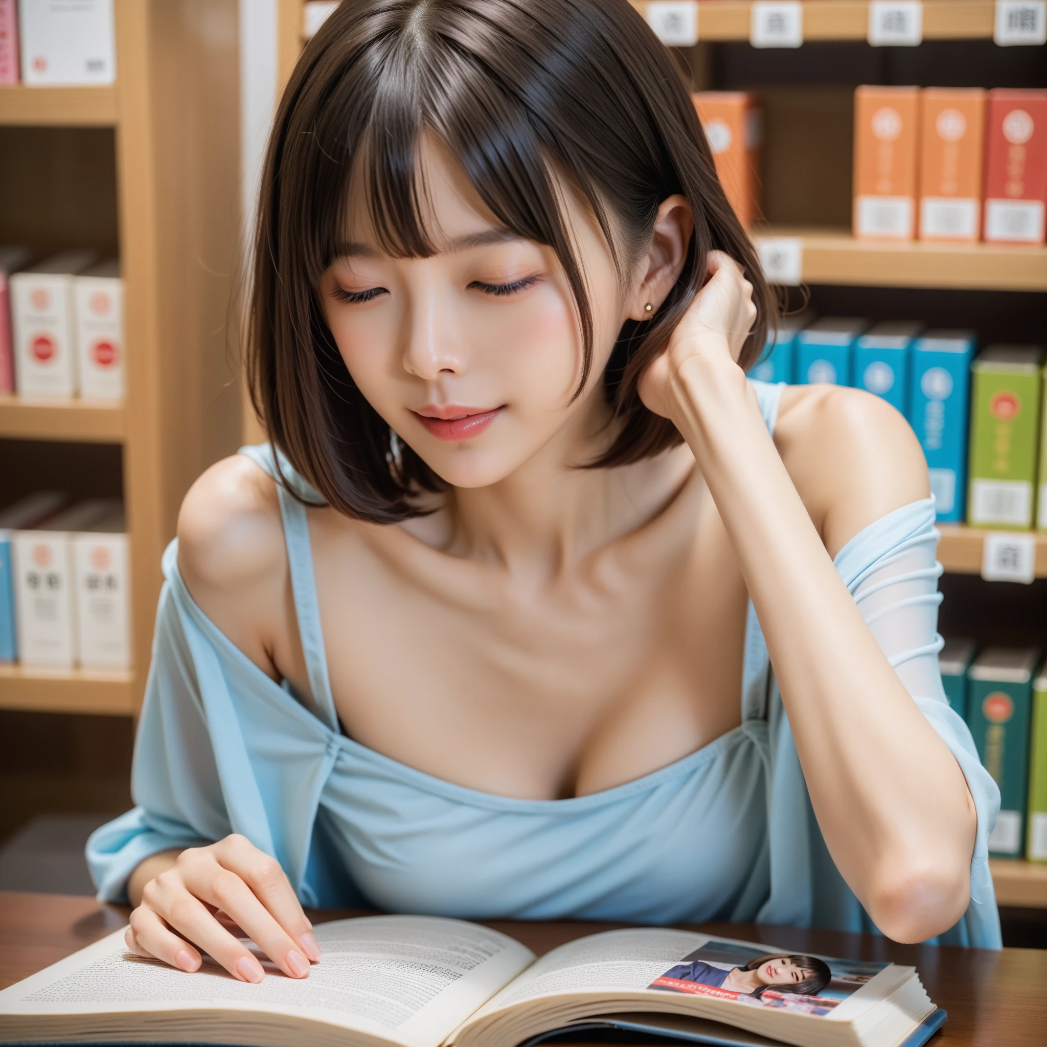 Close-up college student beauty with huge breasts studying in the library Emphasis cleavage winter clothes