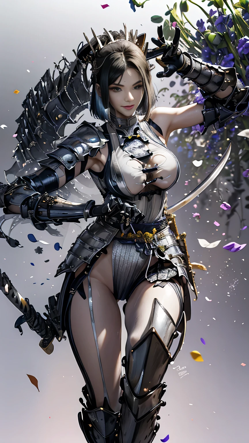 young woman,1 person,Oiran,(wielding a katana with great force:1.6), very detailedな, realist,(seductive smile),(),(),(battle pose:1.8), Brilliant Appearance ,extremely detailed, Imaginative,sensual ,Best Quality, skin texture,(bob cut:1.8),(black hair:1.8),muscular,(huge breasts:1.3),(underboob),(gradient silver Samurai armor:1.8),(black cloak),(gypsy skirt),garter belt,black tights,absolute region with to,intricate detail ,dynamic lighting,(gradient silver background:1.3),(sweet pea flower confetti:1.4),(flowering sweet pea:1.4), RAW photos , 8k, masterpiece, Best Quality,Ultra Details,very detailed, intricate detail ,high resolution,超intricate detail,very detailed 8k cg wallpaper,