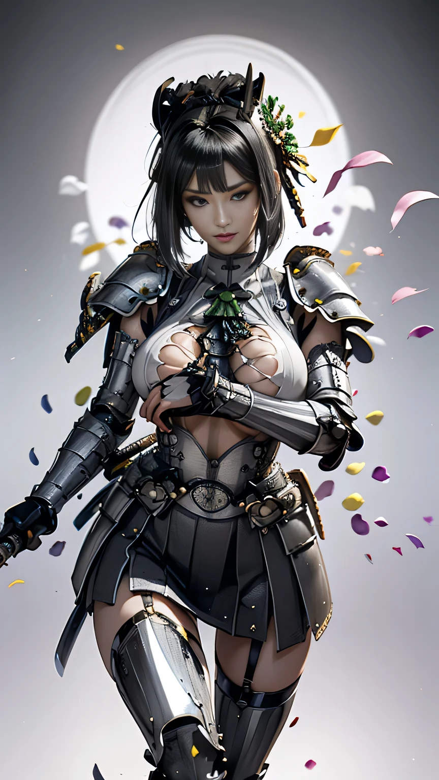young woman,1 person,Oiran,(wielding a katana with great force:1.6), very detailedな, realist,(seductive smile),(),(from front:1.6),(battle pose:1.8), Brilliant Appearance ,extremely detailed, Imaginative,sensual ,Best Quality,  skin texture,(bob cut:1.8),(black hair:1.8),muscular,(huge breasts:1.3),(underboob),(gradient silver Samurai armor:1.8),(black cloak),(gypsy skirt),garter belt,black tights,absolute region with to,intricate detail ,dynamic lighting,(gradient silver background:1.3),(sweet pea flower confetti:1.4),(flowering sweet pea:1.4),  RAW photos , 8k, masterpiece, Best Quality,Ultra Details,very detailed, intricate detail ,high resolution,超intricate detail,very detailed 8k cg wallpaper,