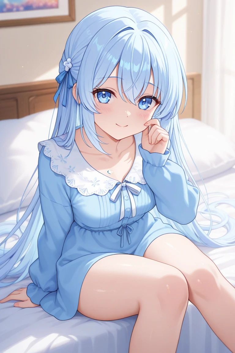 Glowing blue butterfly,Blue sexy nightdress,1girll,blue color eyes,long white hair,indoor room,Lie down in bed, Blush, Smile, cheerfulness, Masterpiece, Best quality, There is a gemstone necklace around the neck,A high resolution,Detail enhancement,best qualtiy,Perfect image quality,Elegant and lightweight blue silk dress,Beautiful and gentle