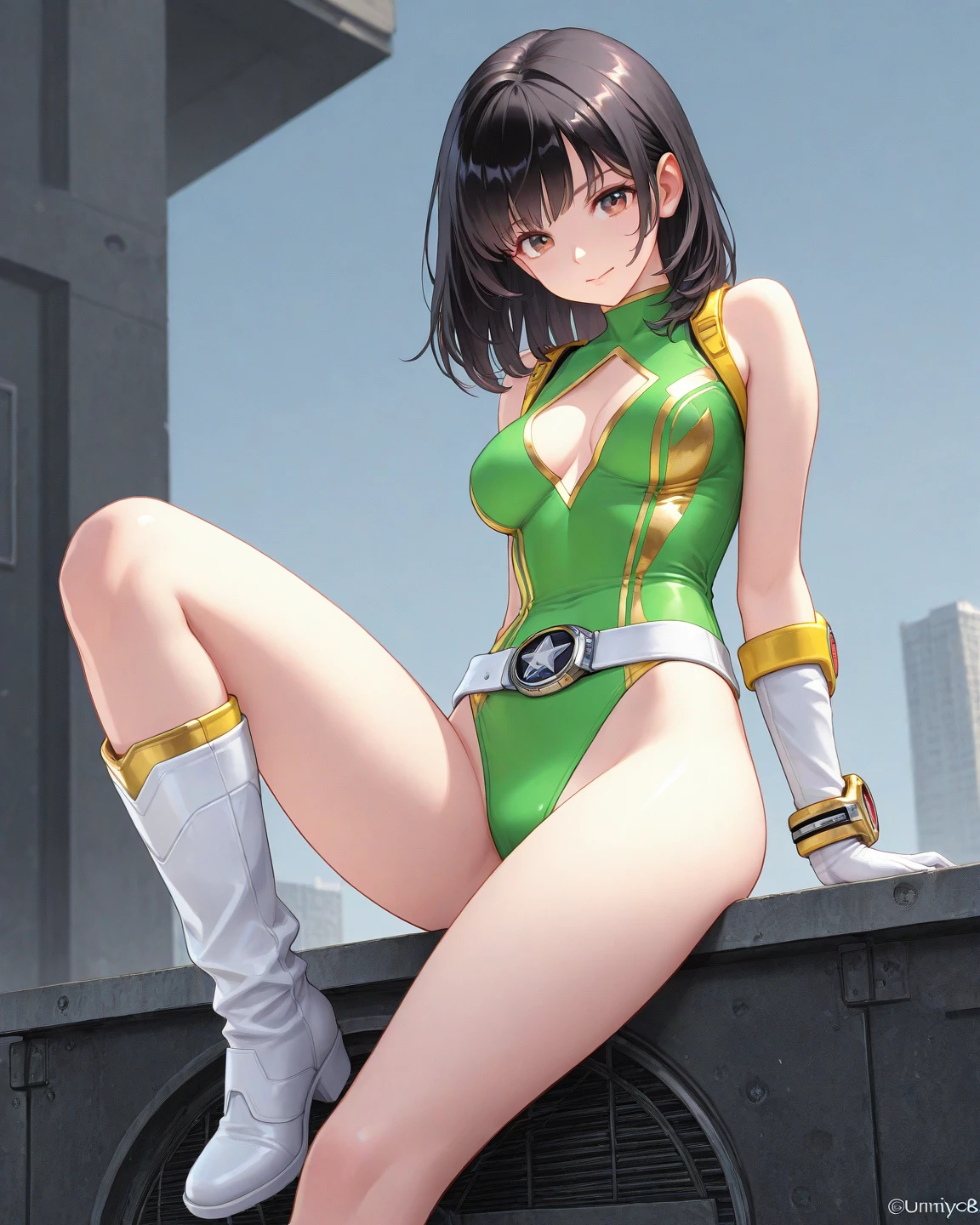 EVE Stellar Blade PS5, Priority BASE IMAGE ID colrmrte878c73fcrnsg, DETAILED IMAGE, black hair style with bangs, no forehead visible, hair ponytail, full body, sexy pose, GREEN body clothing