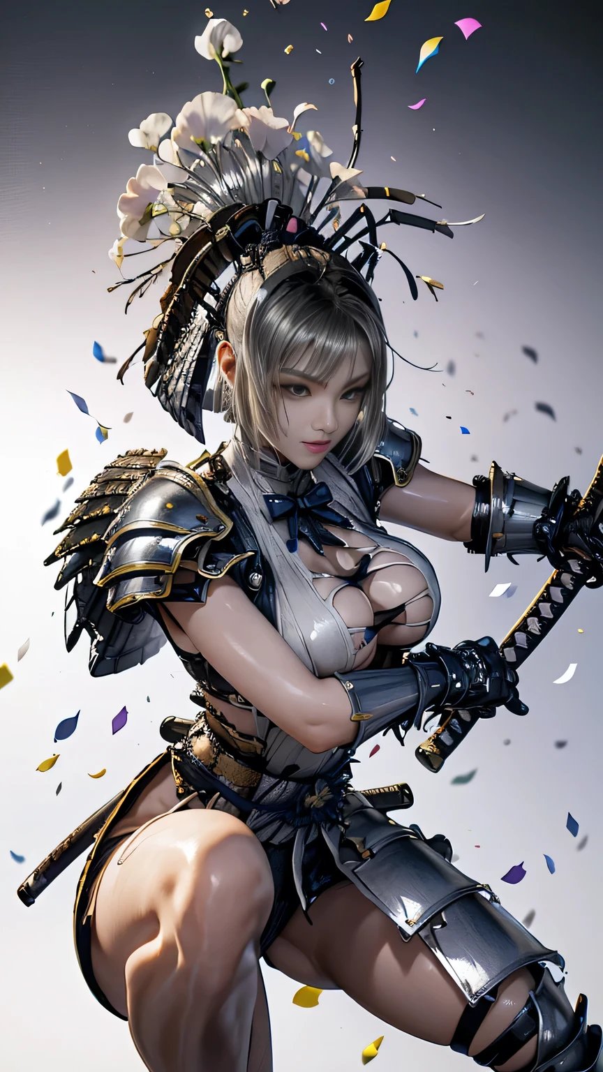 young woman,1 person,Oiran,(wielding a katana with great force:1.6), very detailedな, realist,(seductive smile),(),(from front:1.8),(battle pose:1.8), Brilliant Appearance ,extremely detailed, Imaginative,sensual ,Best Quality, skin texture,(bob cut:1.8),(black hair:1.8),muscular,(huge breasts:1.3),(underboob),(gradient silver Samurai armor:1.8),(black cloak),(gypsy skirt),garter belt,black tights,absolute region with to,intricate detail ,dynamic lighting,(gradient silver background:1.3),(sweet pea flower confetti:1.4),(flowering sweet pea:1.4), RAW photos , 8k, masterpiece, Best Quality,Ultra Details,very detailed, intricate detail ,high resolution,超intricate detail,very detailed 8k cg wallpaper,